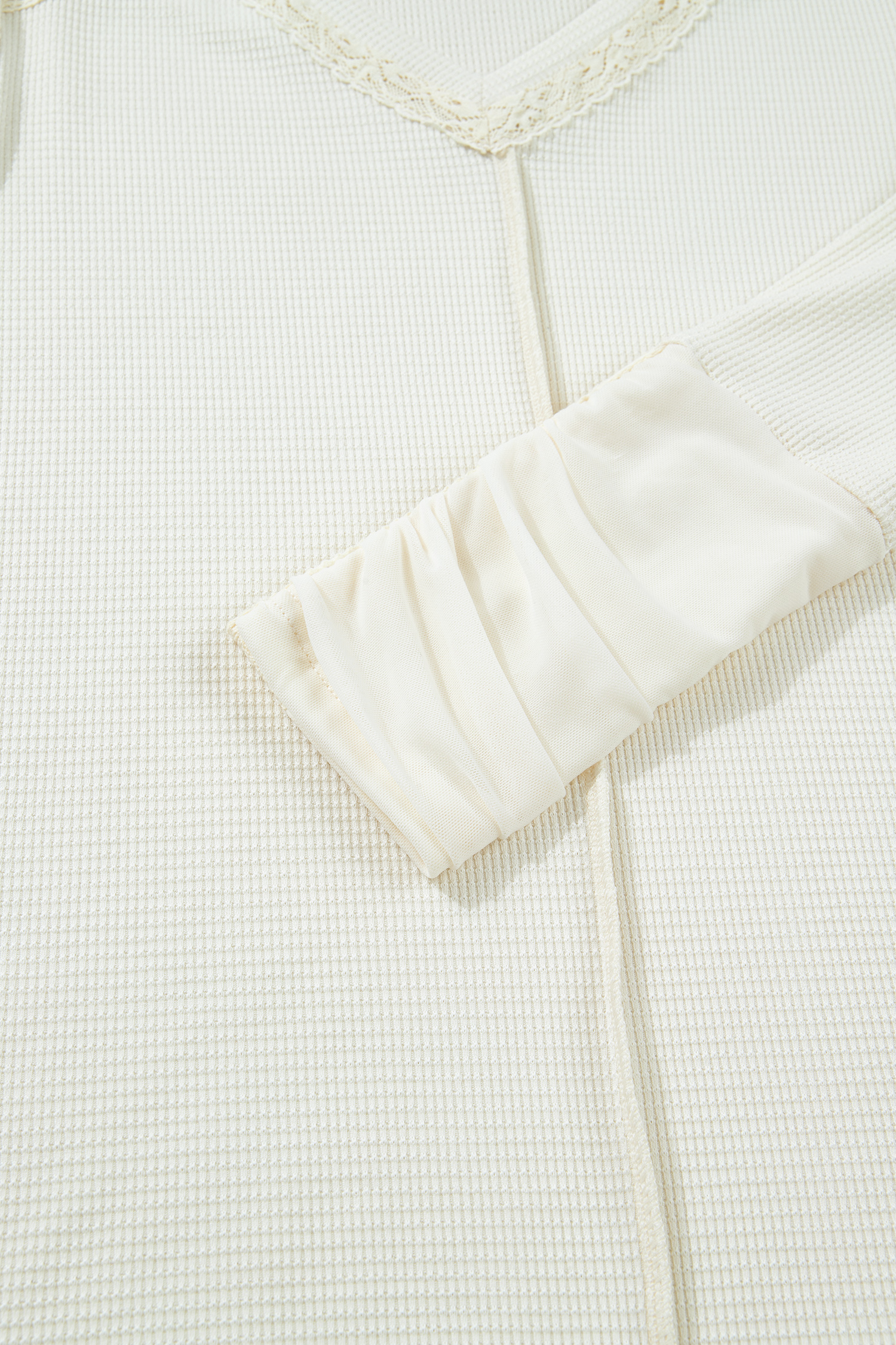 Beige Thermal Knit Lace Ruched Patchwork Long Sleeve V Neck Top