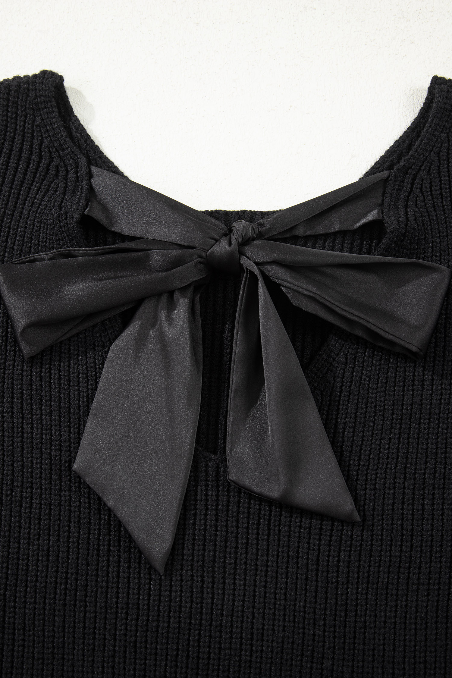 Black Ribbed Knit Ribbon Knot Backless Drop Shoulder Sweater view 17