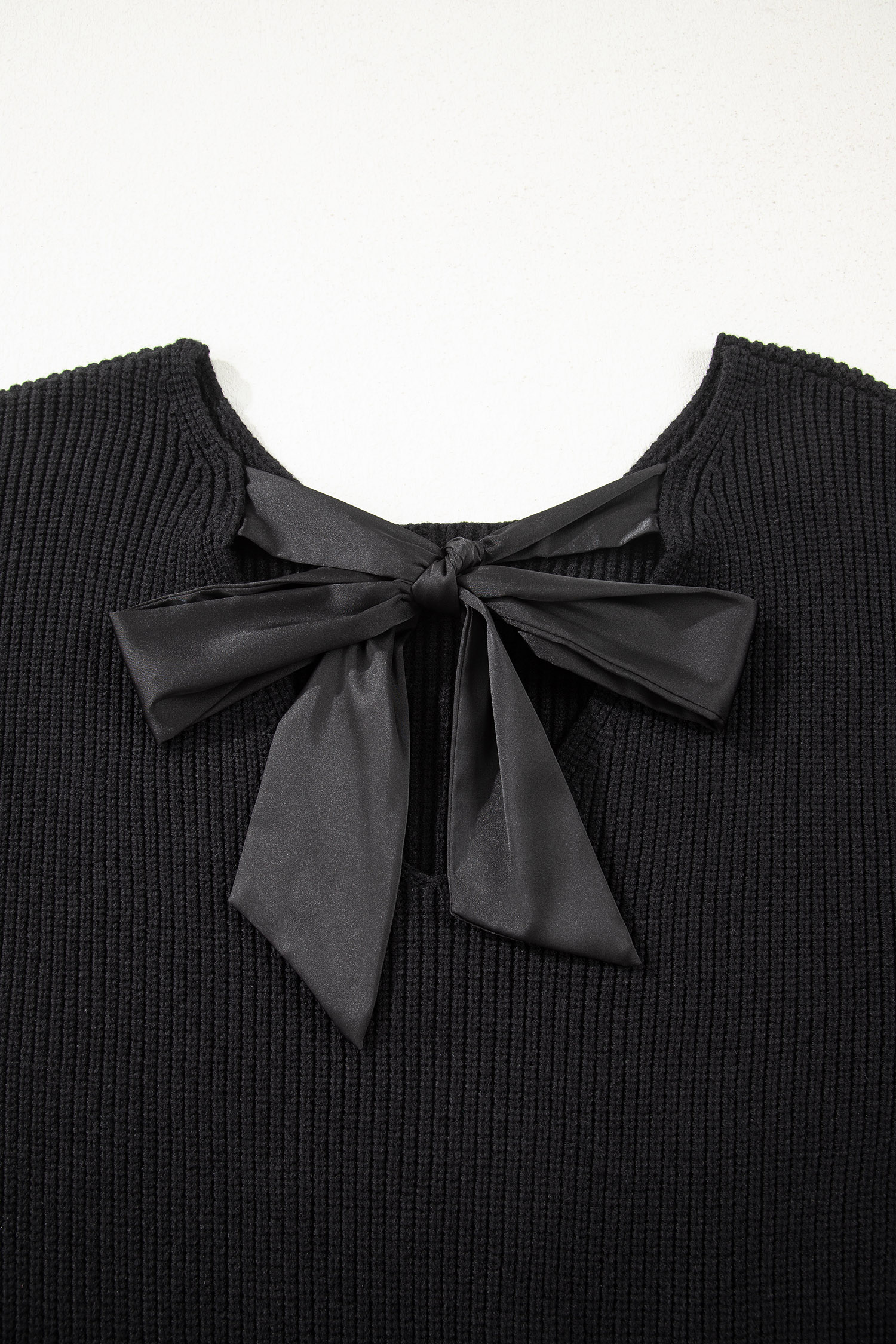 Black Ribbed Knit Ribbon Knot Backless Drop Shoulder Sweater view 16