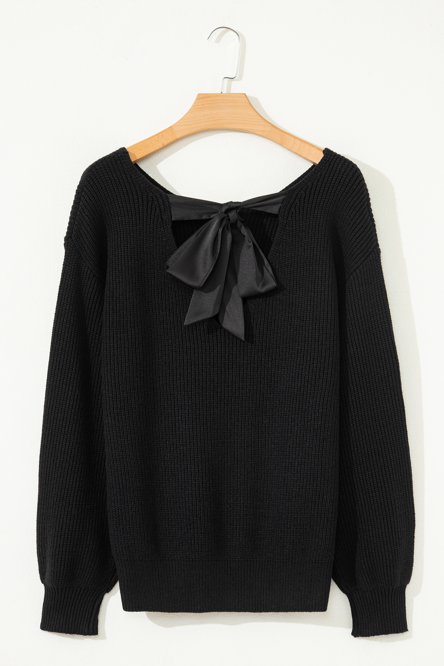 Black Ribbed Knit Ribbon Knot Backless Drop Shoulder Sweater view 12