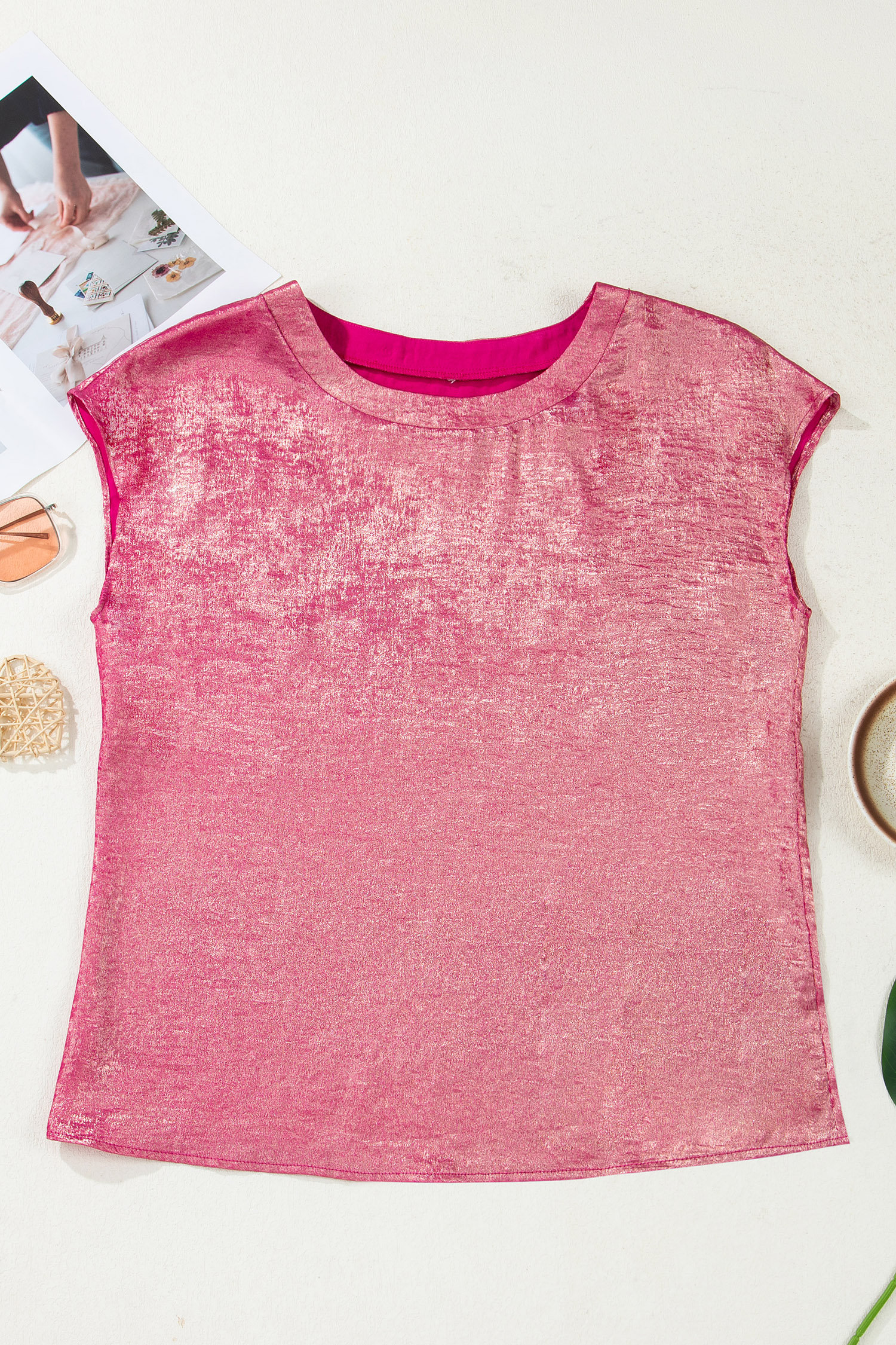 Bright Pink Metallic Round Neck Cap Sleeve Tee