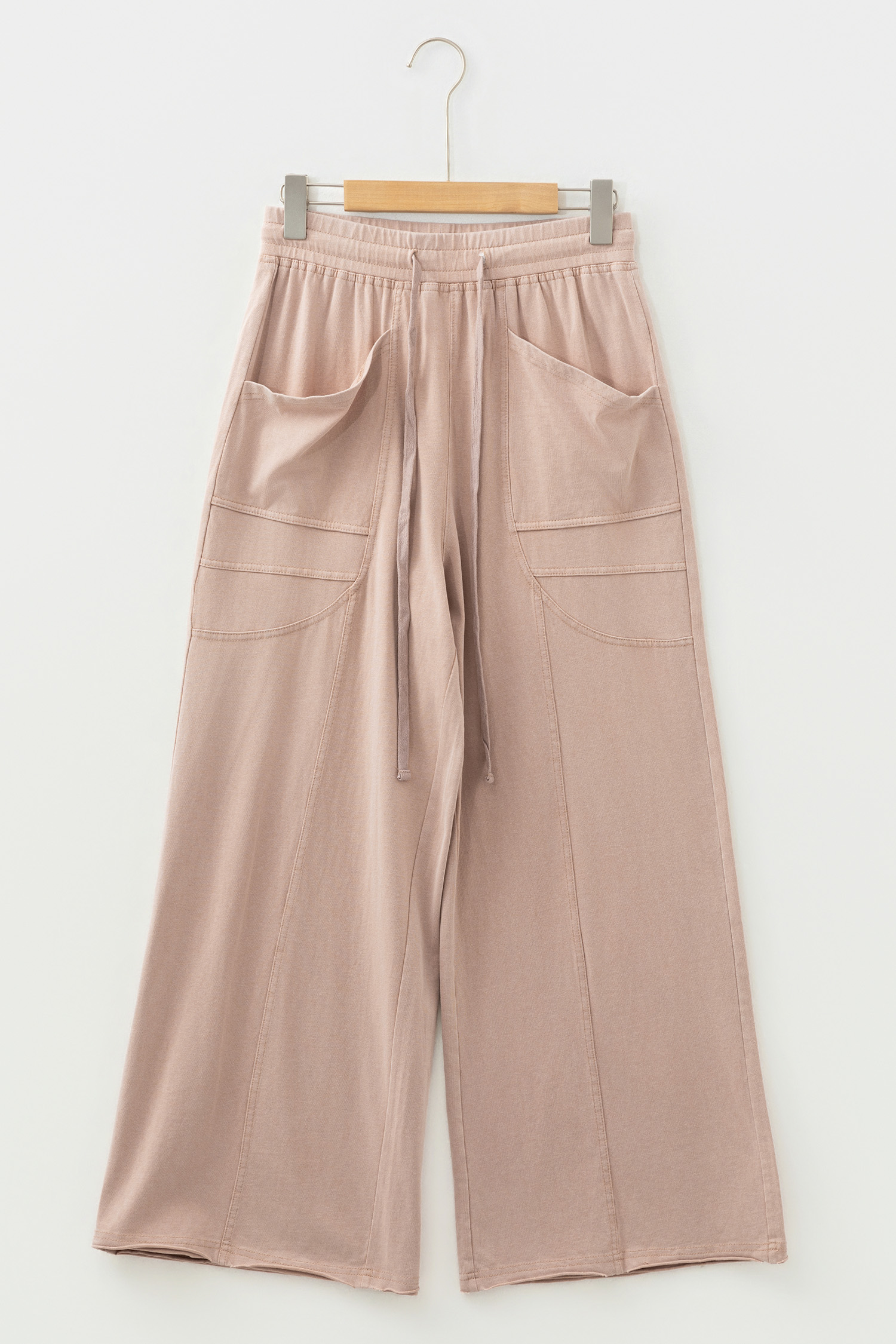 Smoke Gray Solid Color Mineral Wash Piping Trim Pocketed Wide Leg Pants view 8
