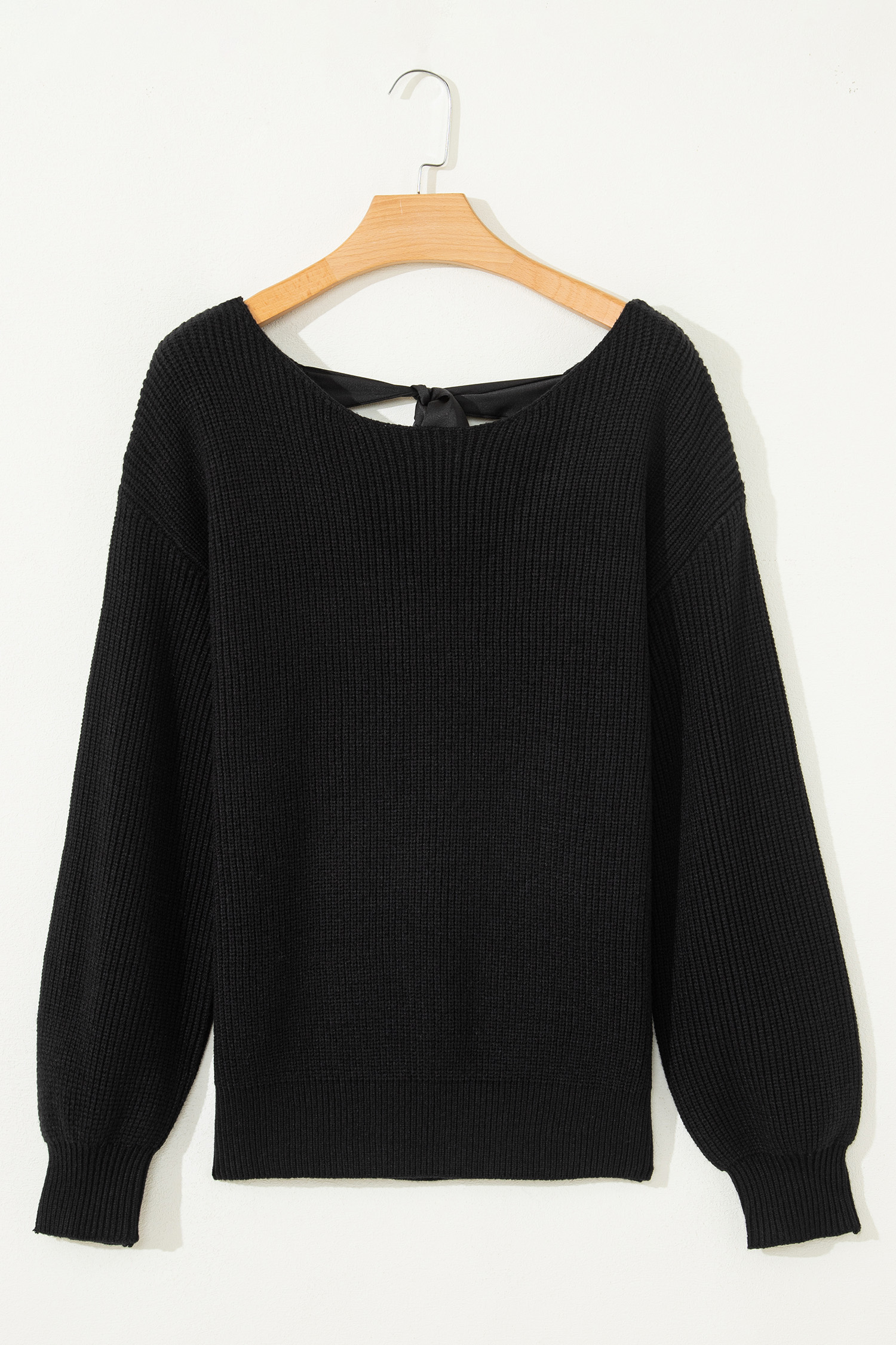 Black Ribbed Knit Ribbon Knot Backless Drop Shoulder Sweater view 13