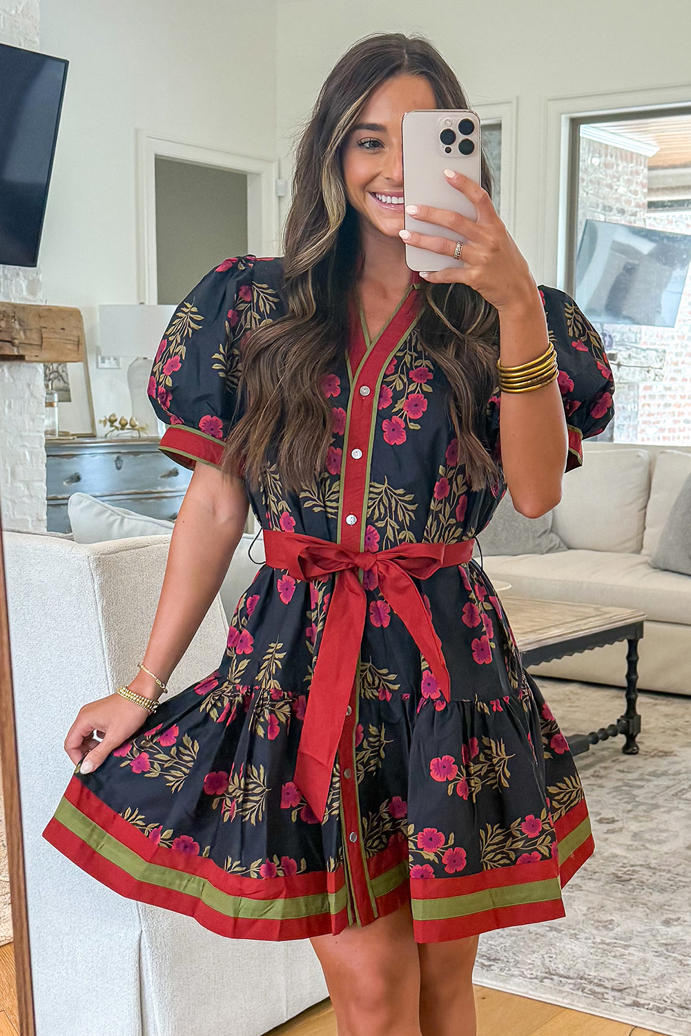 Black Retro Floral Print Button Down Belted Short Puff Sleeve Mini Dress view 8