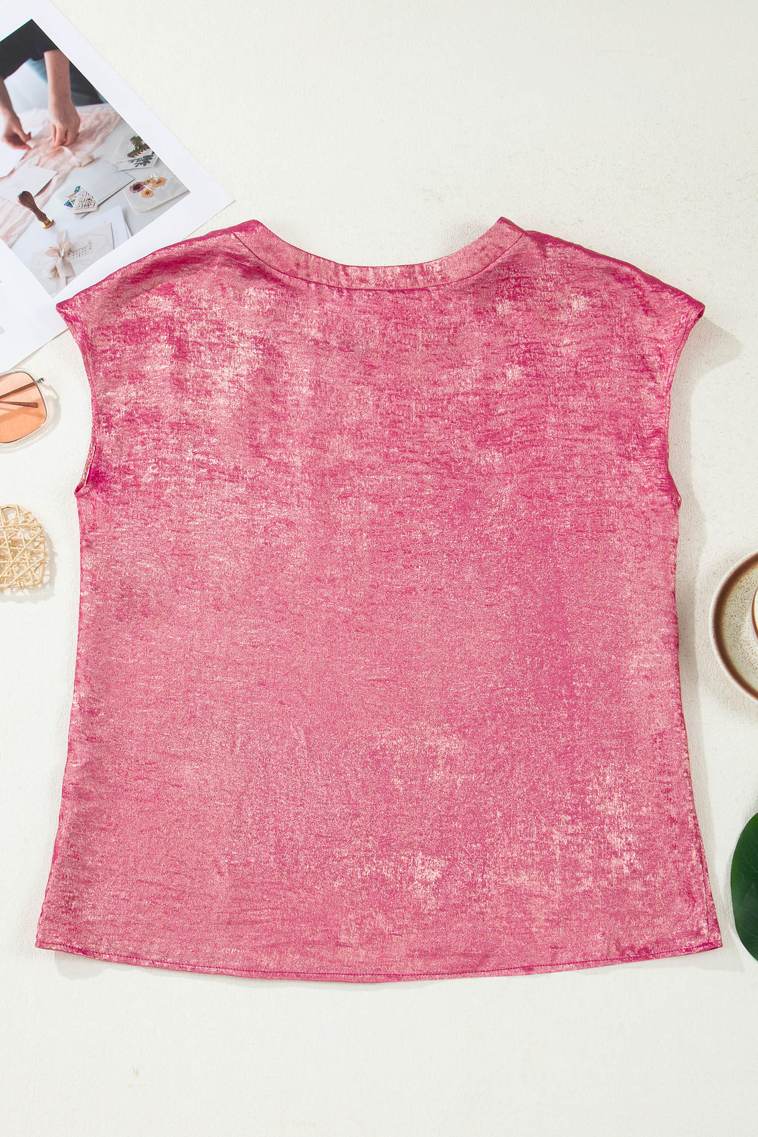 Bright Pink Metallic Round Neck Cap Sleeve Tee