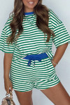 Green Stripe Drop Shoulder Boxy Casual Terry Short Set