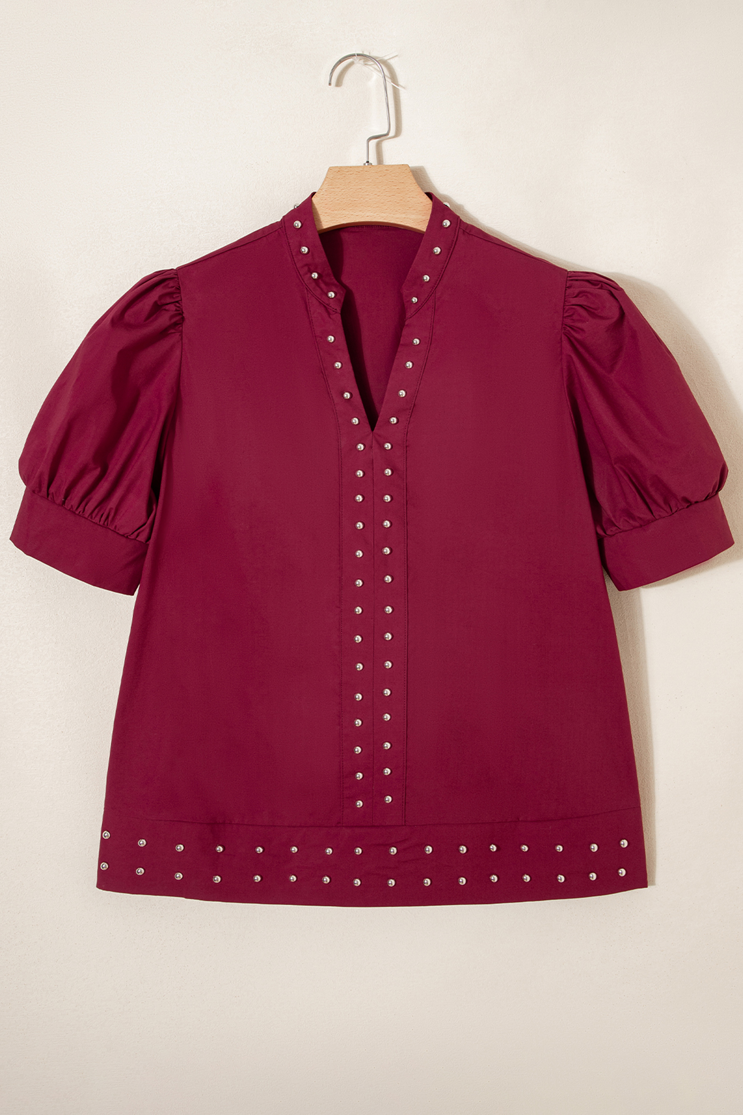 Burgundy Rivet Embellished V Neck Short Puff Sleeve Blouse view 5
