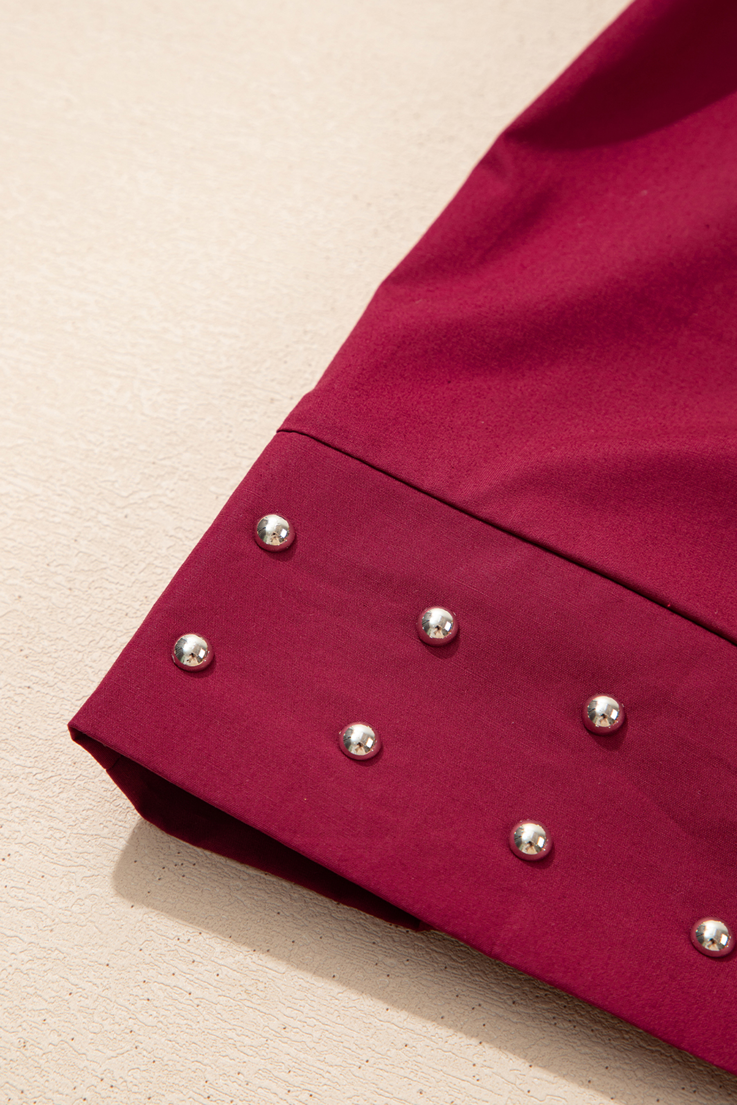 Burgundy Rivet Embellished V Neck Short Puff Sleeve Blouse view 10