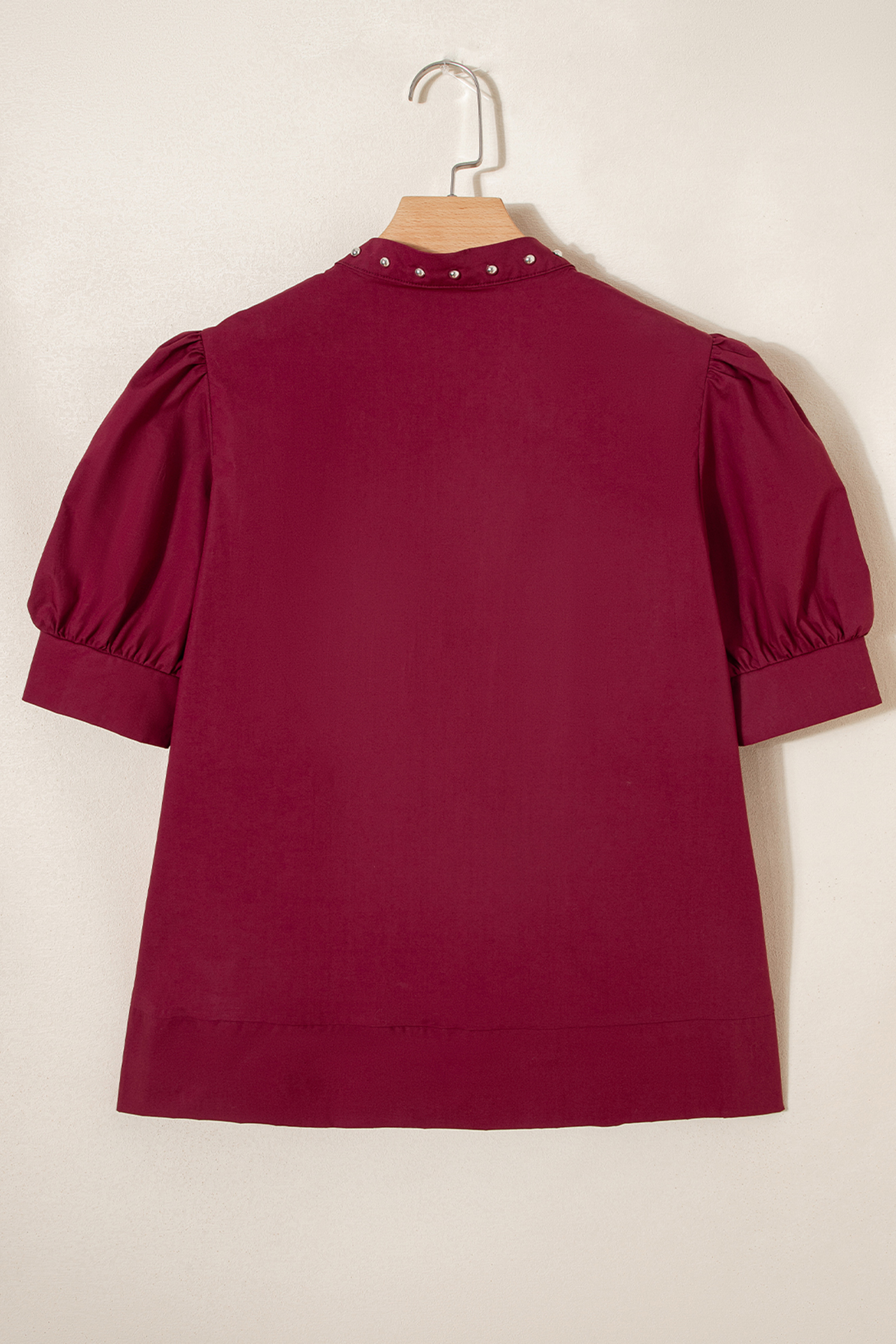 Burgundy Rivet Embellished V Neck Short Puff Sleeve Blouse view 6