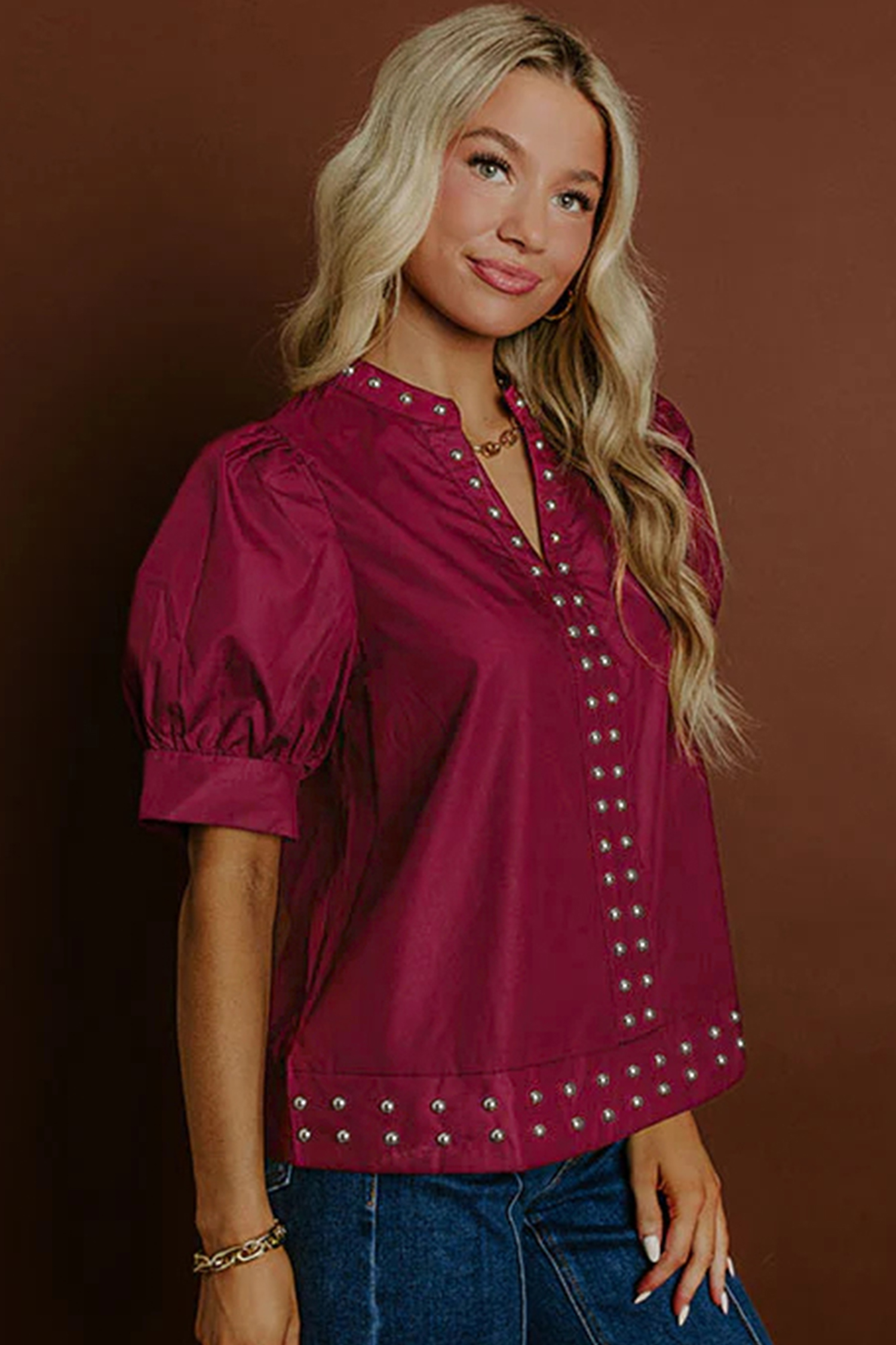 Burgundy Rivet Embellished V Neck Short Puff Sleeve Blouse view 3