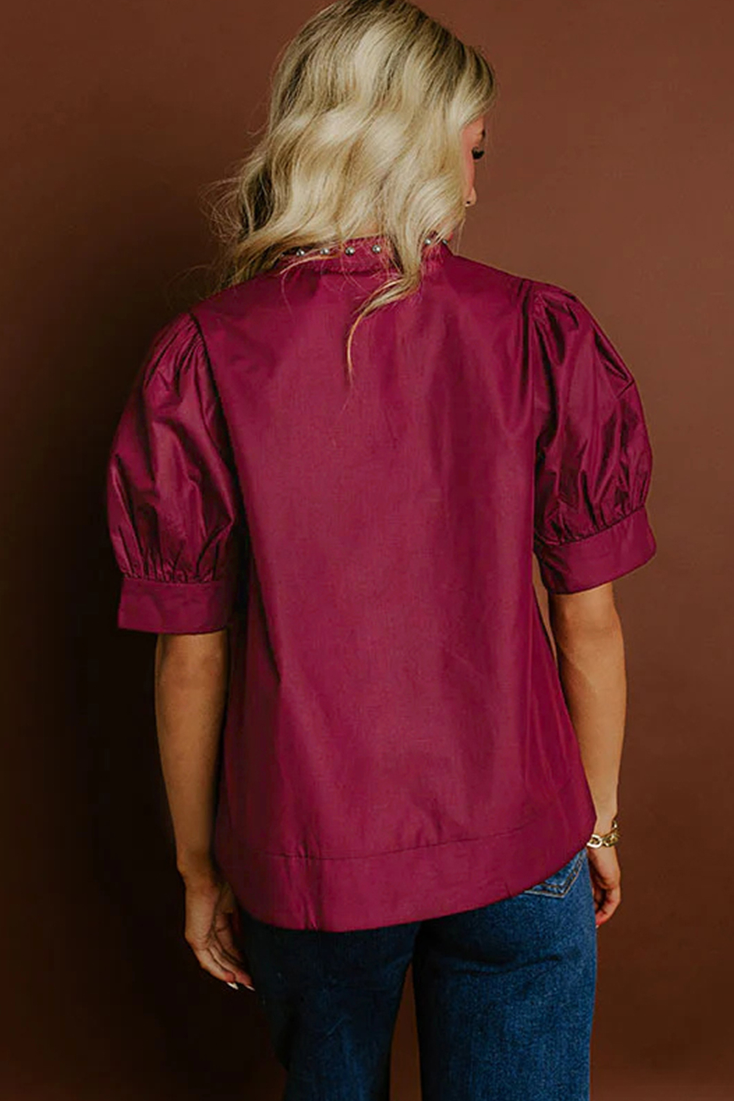 Burgundy Rivet Embellished V Neck Short Puff Sleeve Blouse view 2