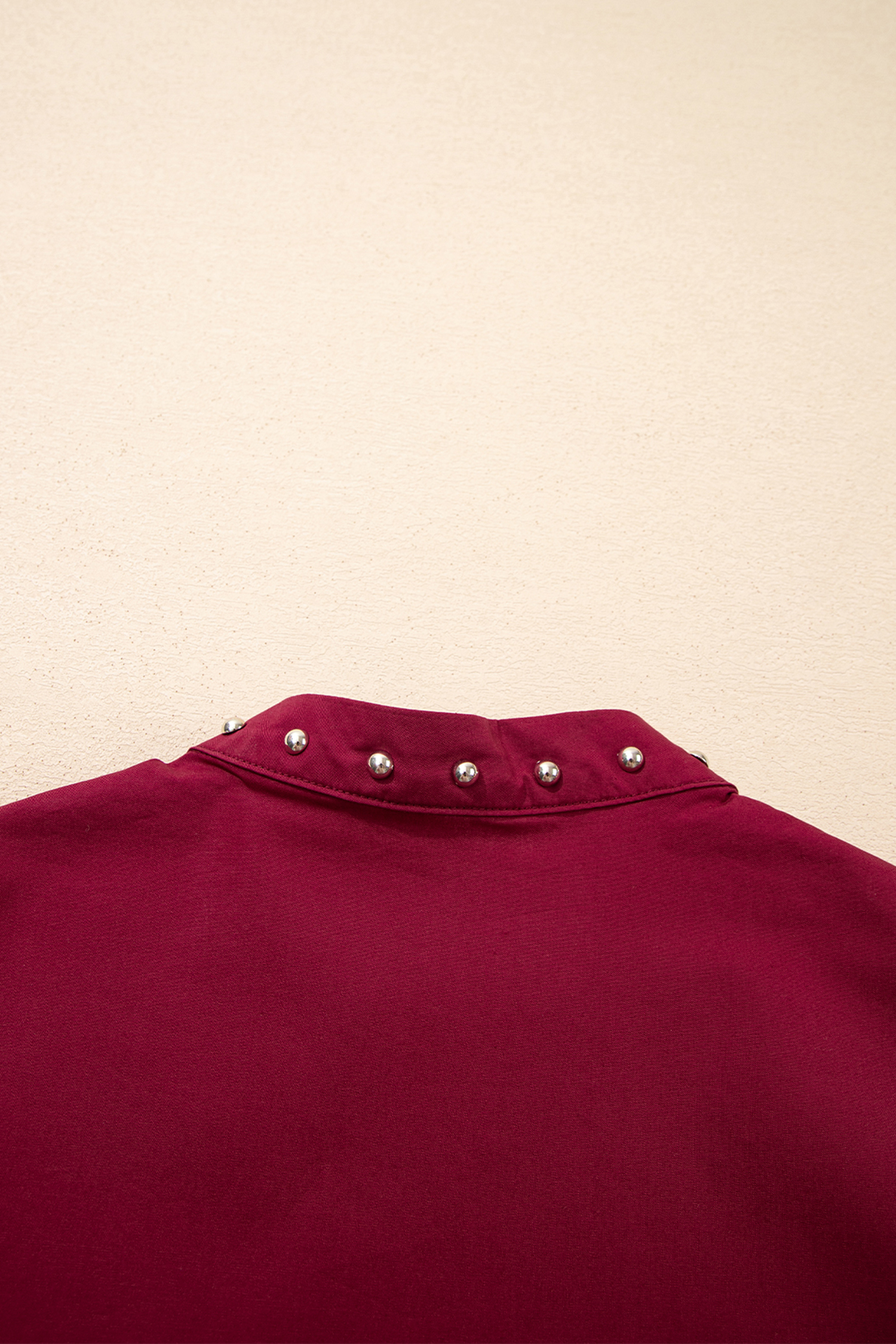 Burgundy Rivet Embellished V Neck Short Puff Sleeve Blouse view 8