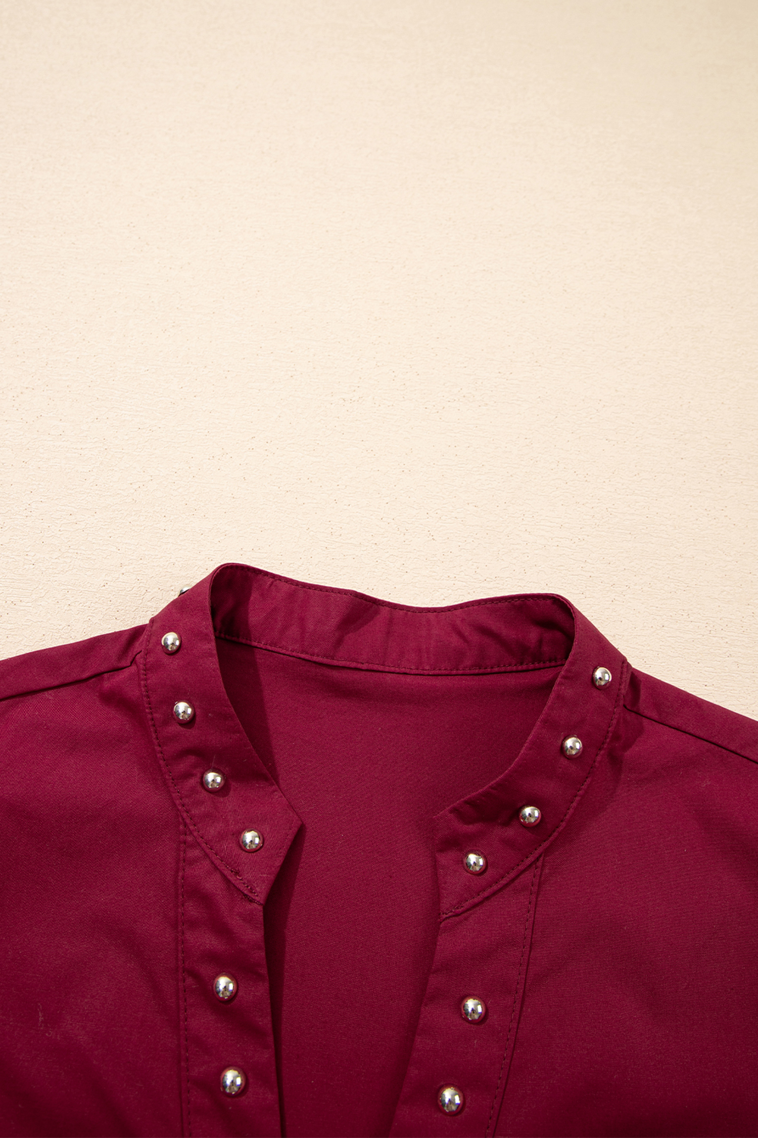 Burgundy Rivet Embellished V Neck Short Puff Sleeve Blouse view 11