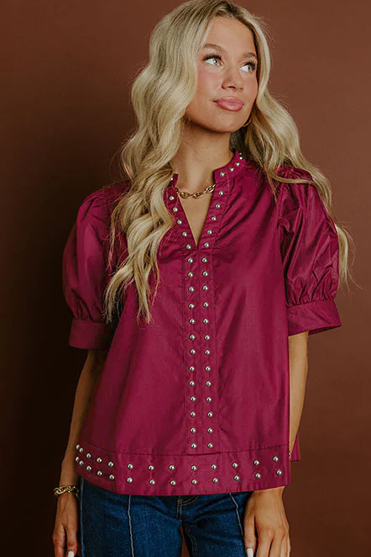 Burgundy Rivet Embellished V Neck Short Puff Sleeve Blouse view 4