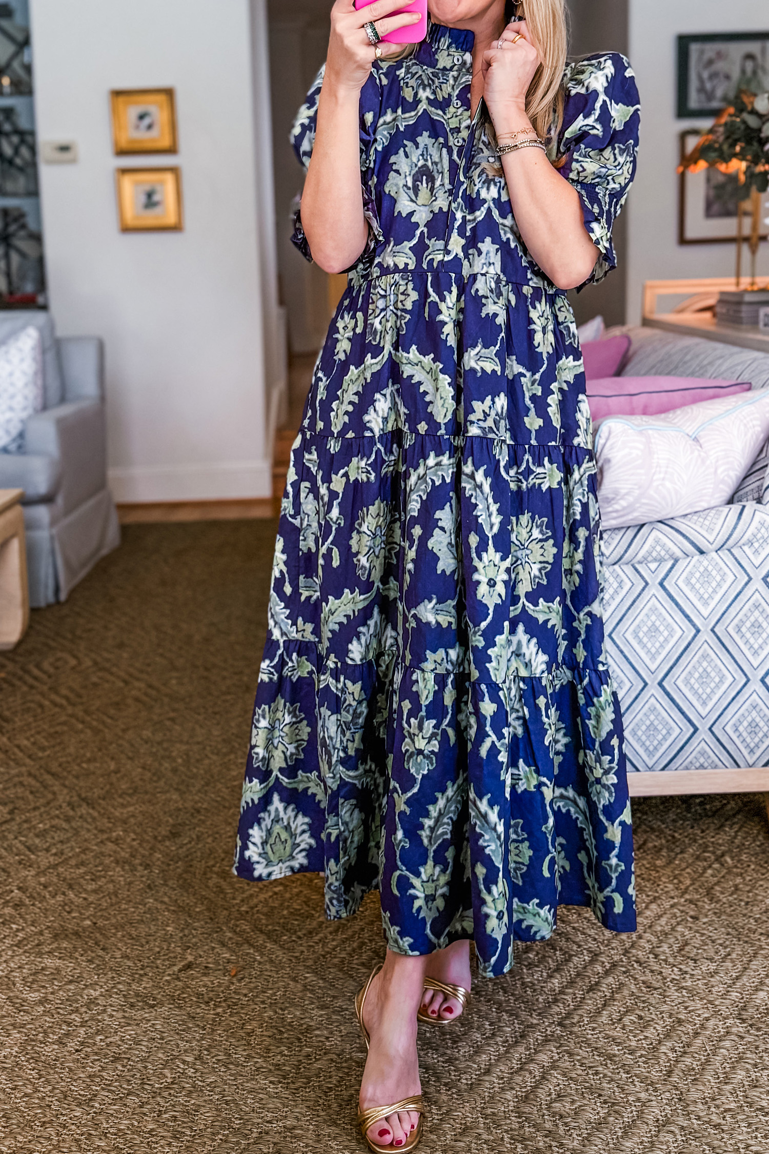 Blue Wild Floral Print Frilled Collar Half Sleeve Long Dress view 13