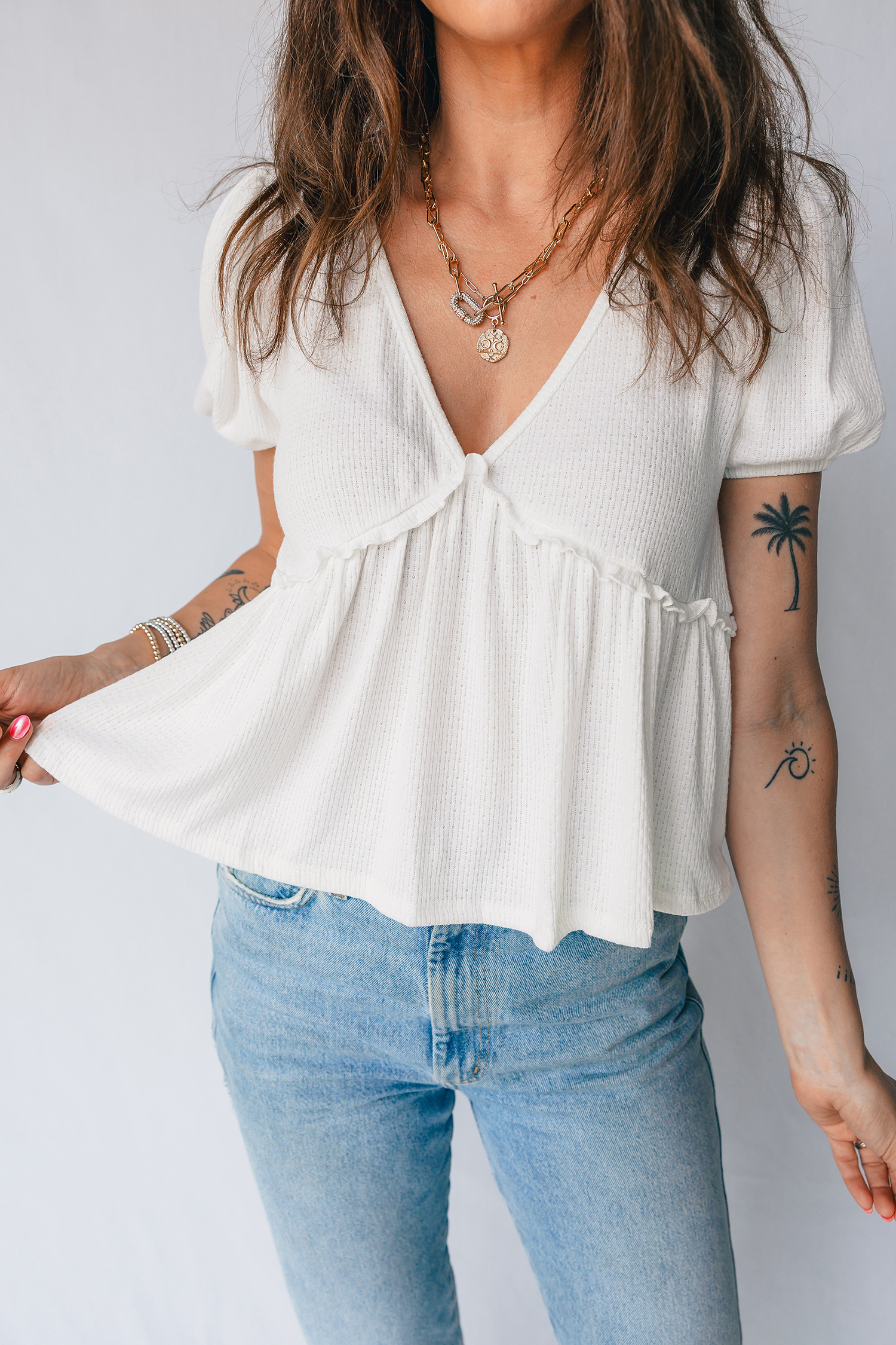 White Textured Knit V Neck Short Bubble Sleeve Peplum Top view 6