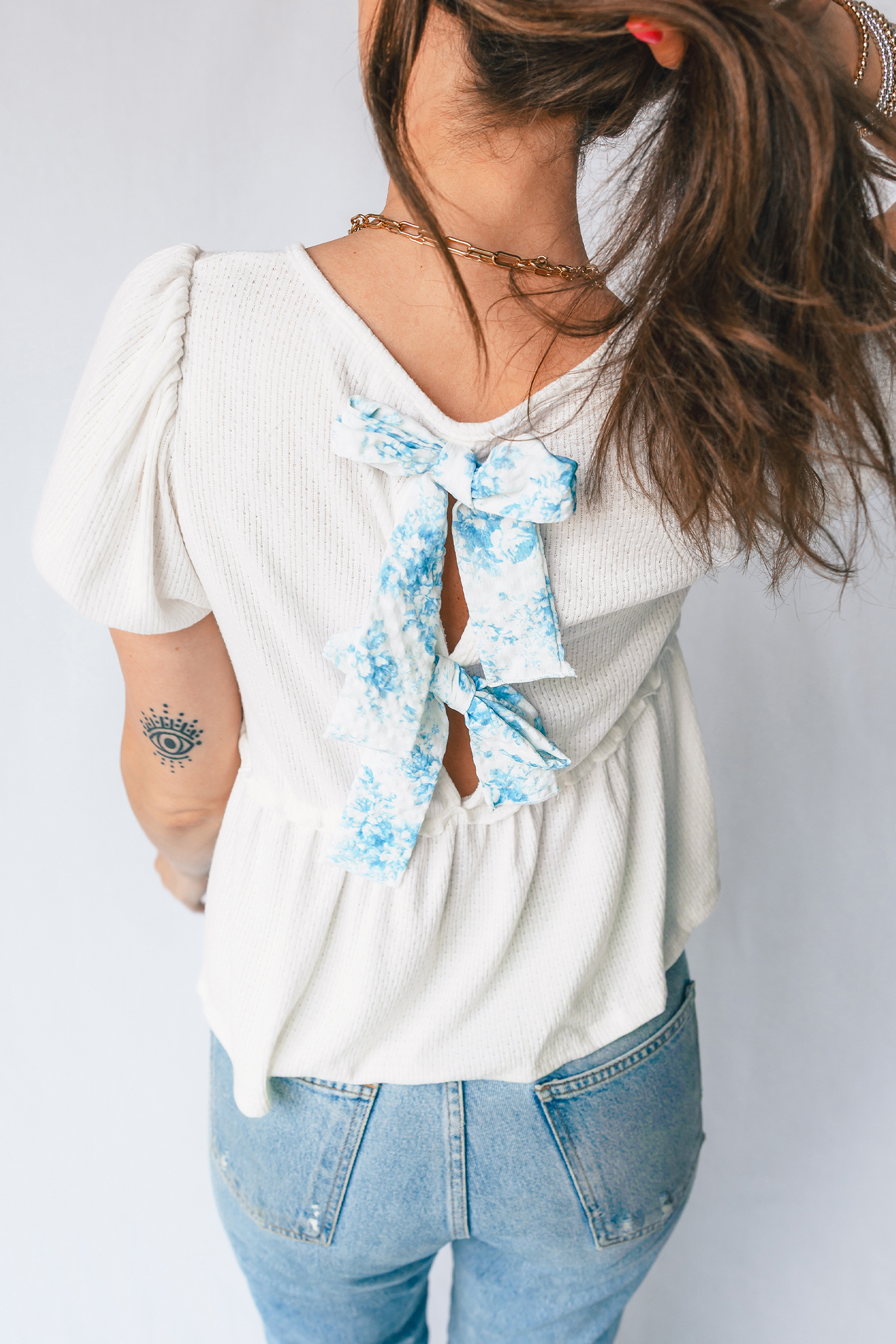 White Textured Knit V Neck Short Bubble Sleeve Peplum Top view 7
