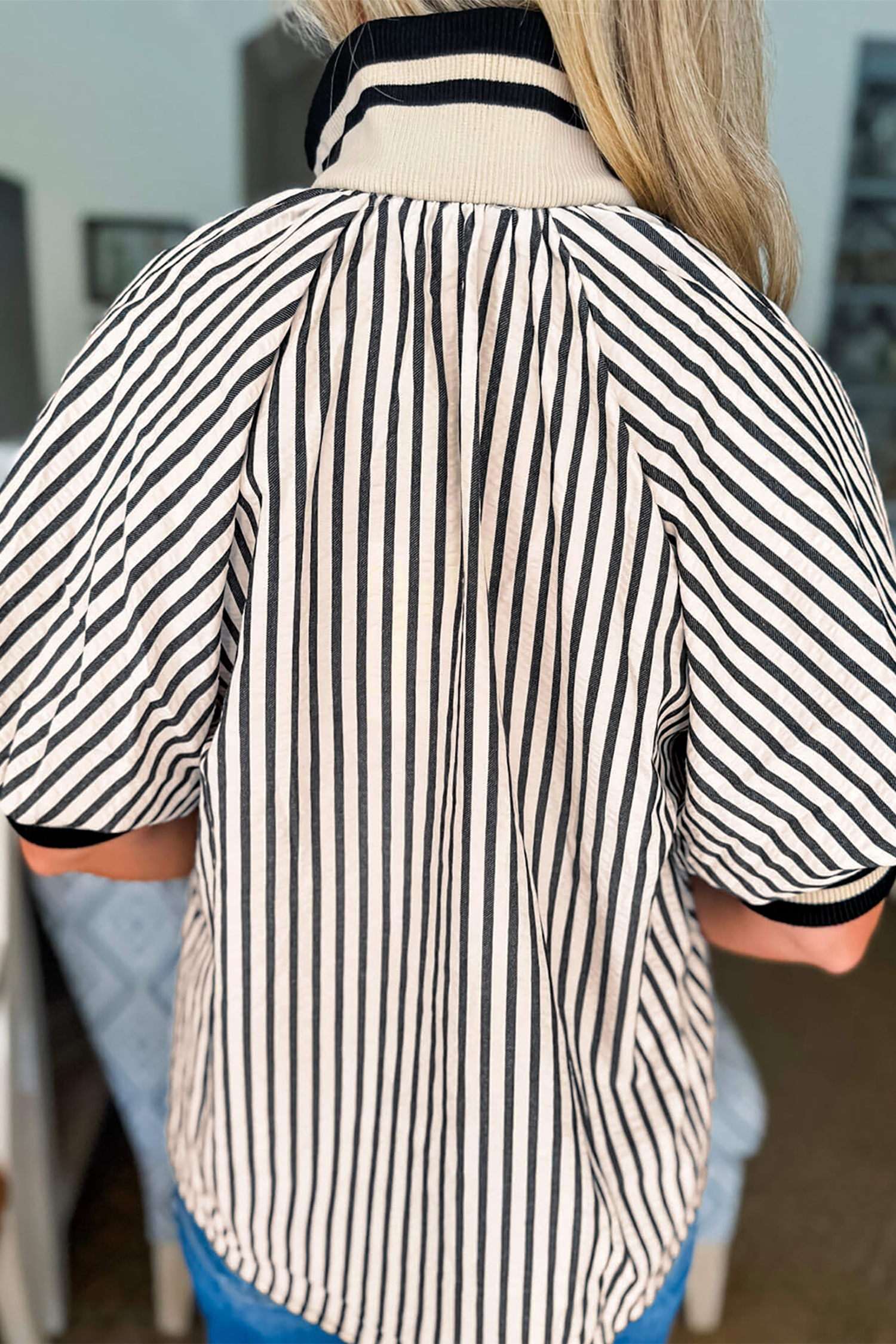 Black Stripe Polo Collar Half Zip Short Puff Sleeve Blouse view 11