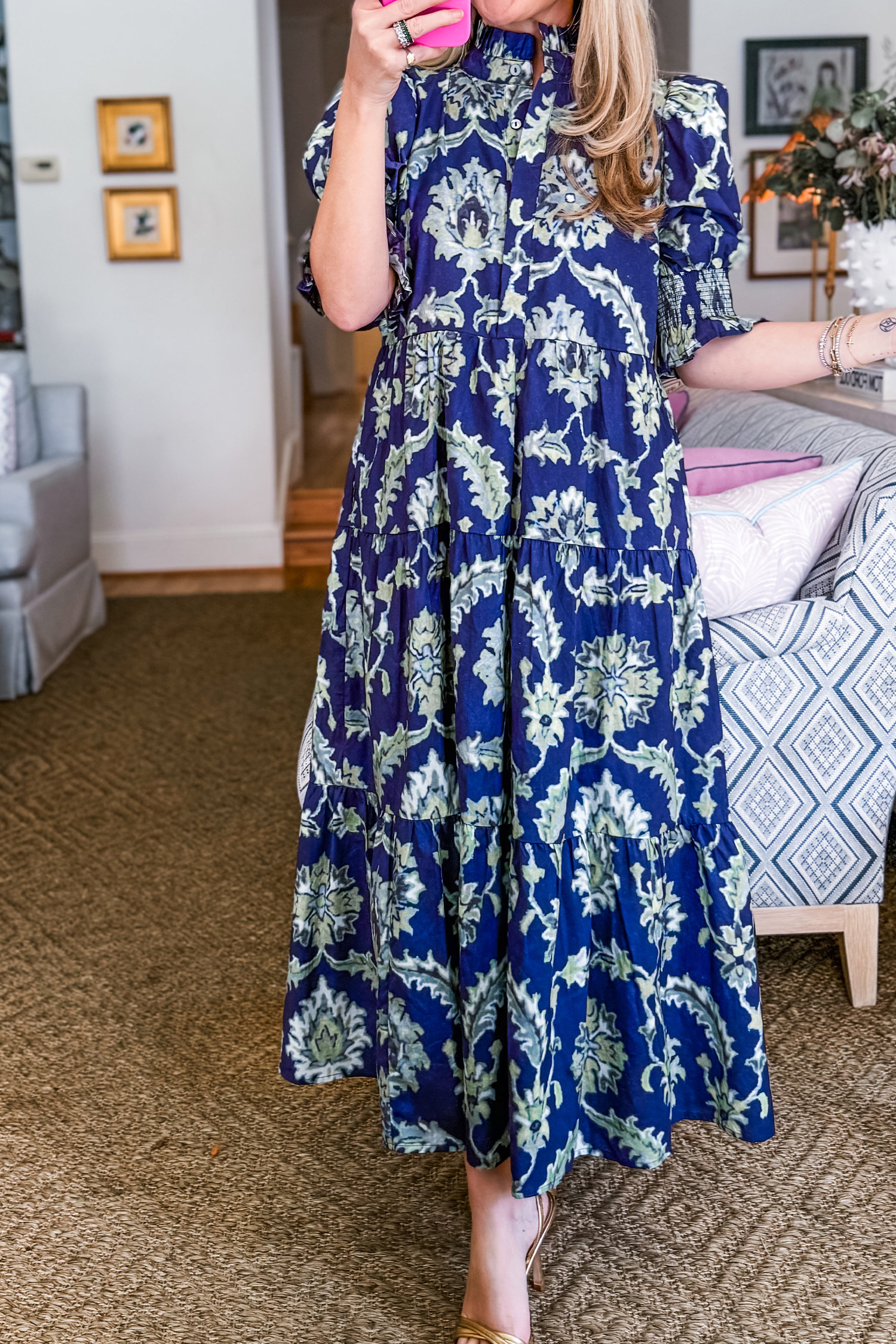Blue Wild Floral Print Frilled Collar Half Sleeve Long Dress view 10