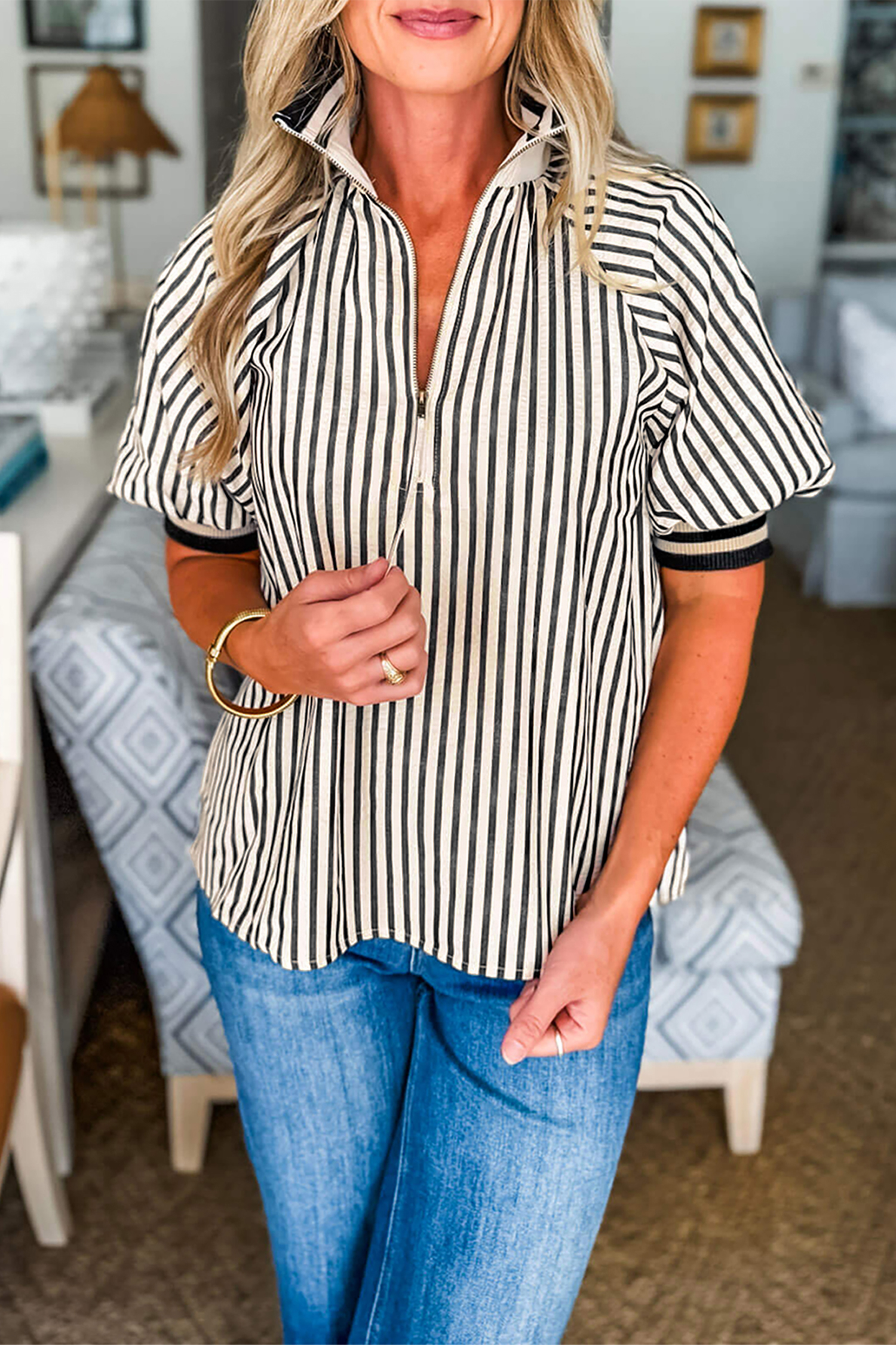 Black Stripe Polo Collar Half Zip Short Puff Sleeve Blouse view 14
