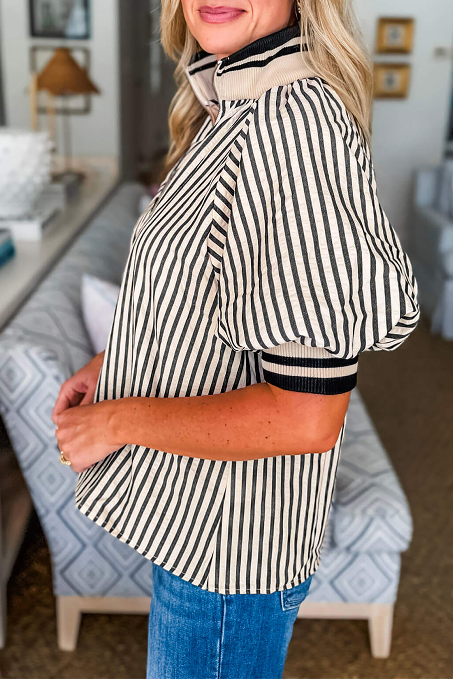 Black Stripe Polo Collar Half Zip Short Puff Sleeve Blouse view 10