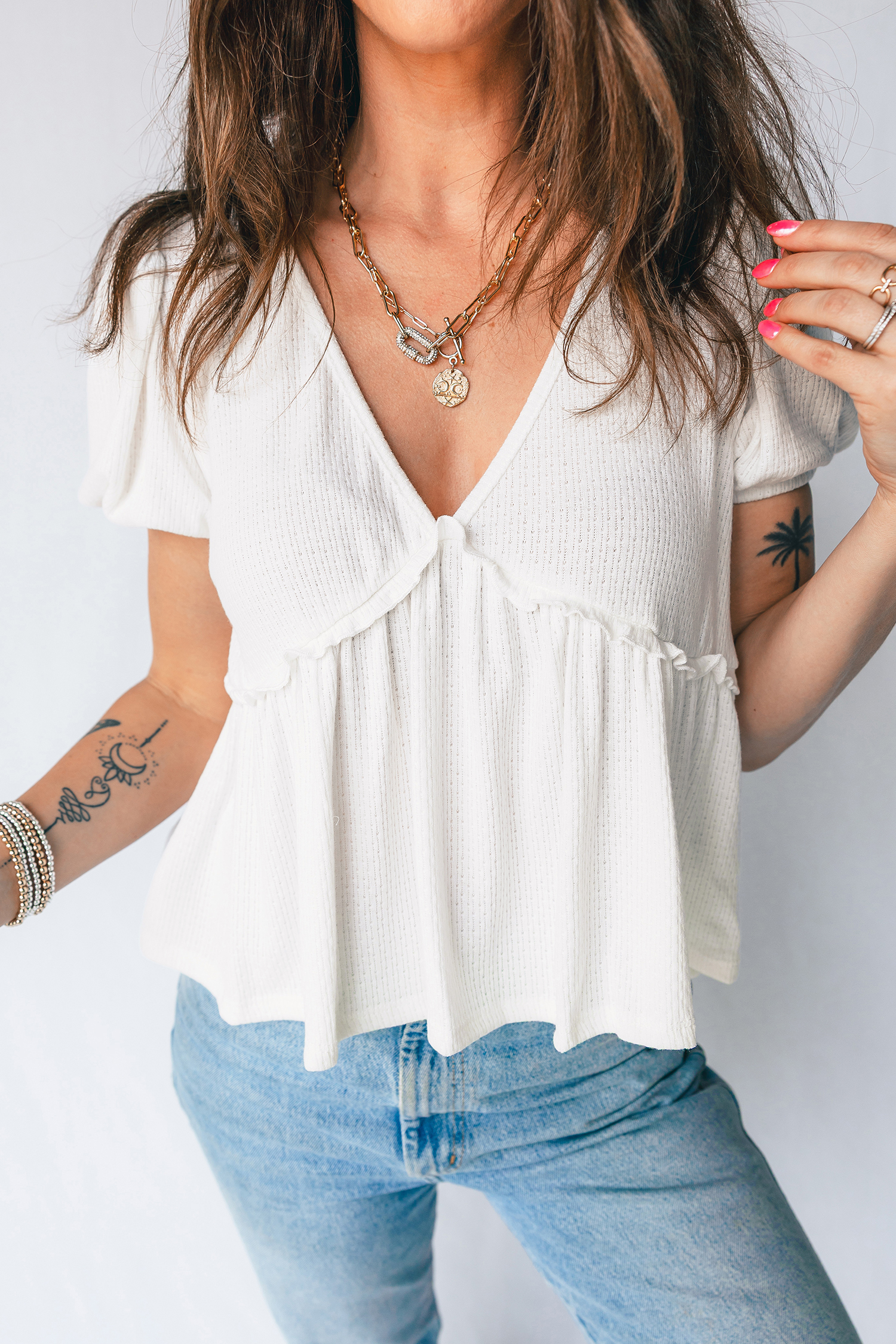 White Textured Knit V Neck Short Bubble Sleeve Peplum Top view 5