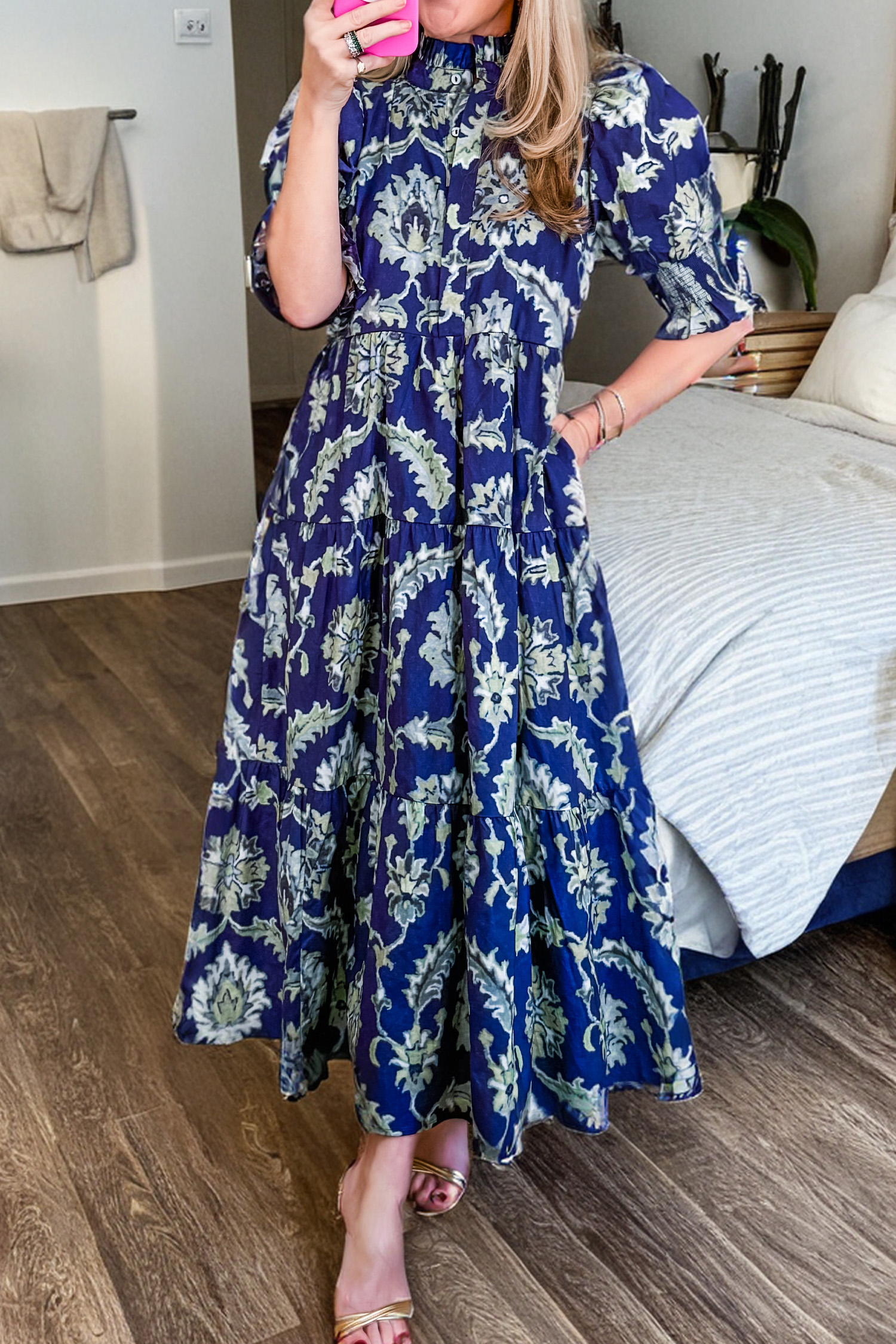 Blue Wild Floral Print Frilled Collar Half Sleeve Long Dress view 2