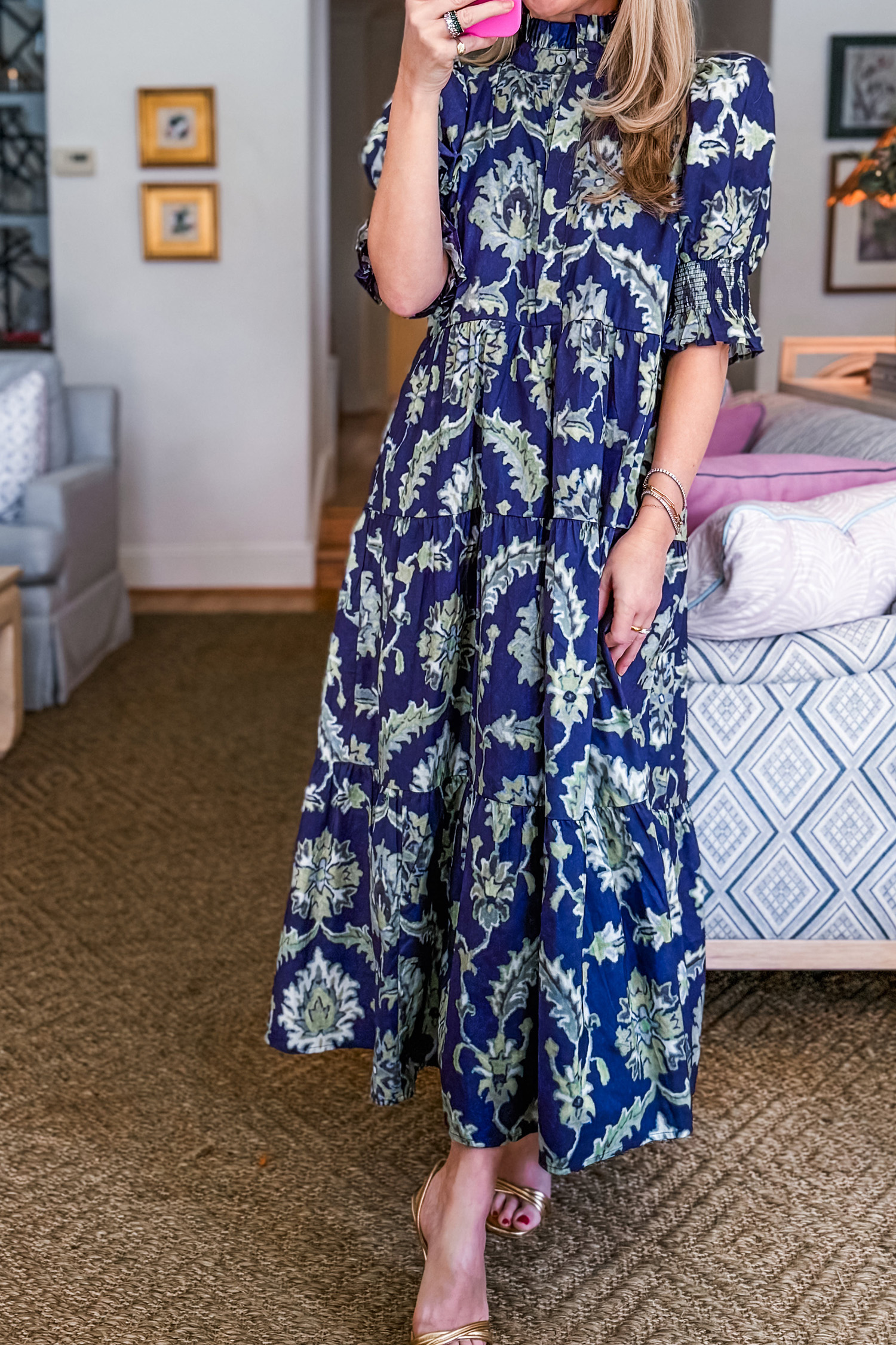 Blue Wild Floral Print Frilled Collar Half Sleeve Long Dress view 12
