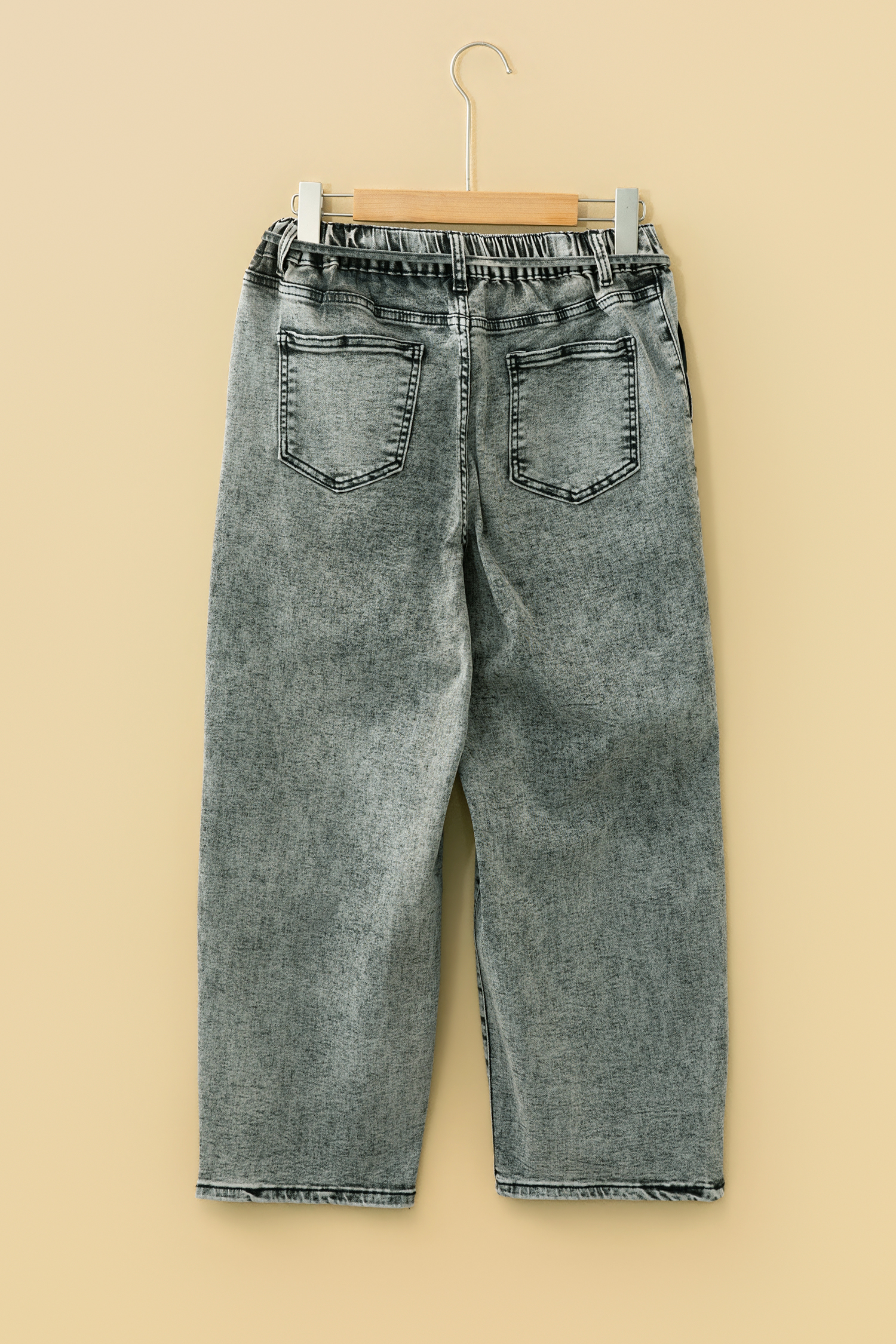 Gray Acid Wash Tie Waist Denim Pants view 8