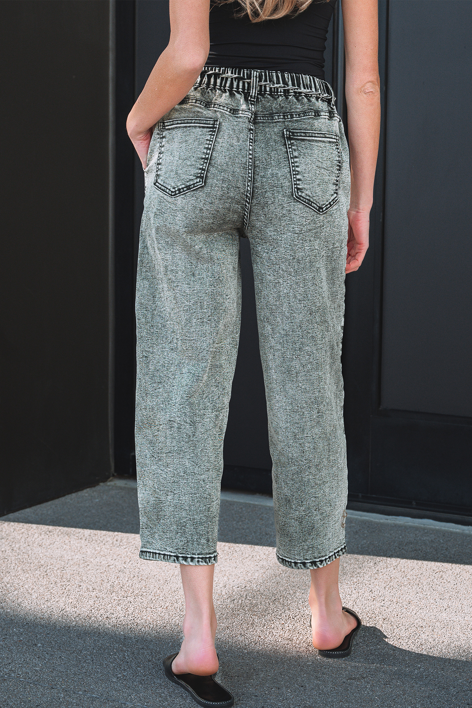 Gray Acid Wash Tie Waist Denim Pants view 2