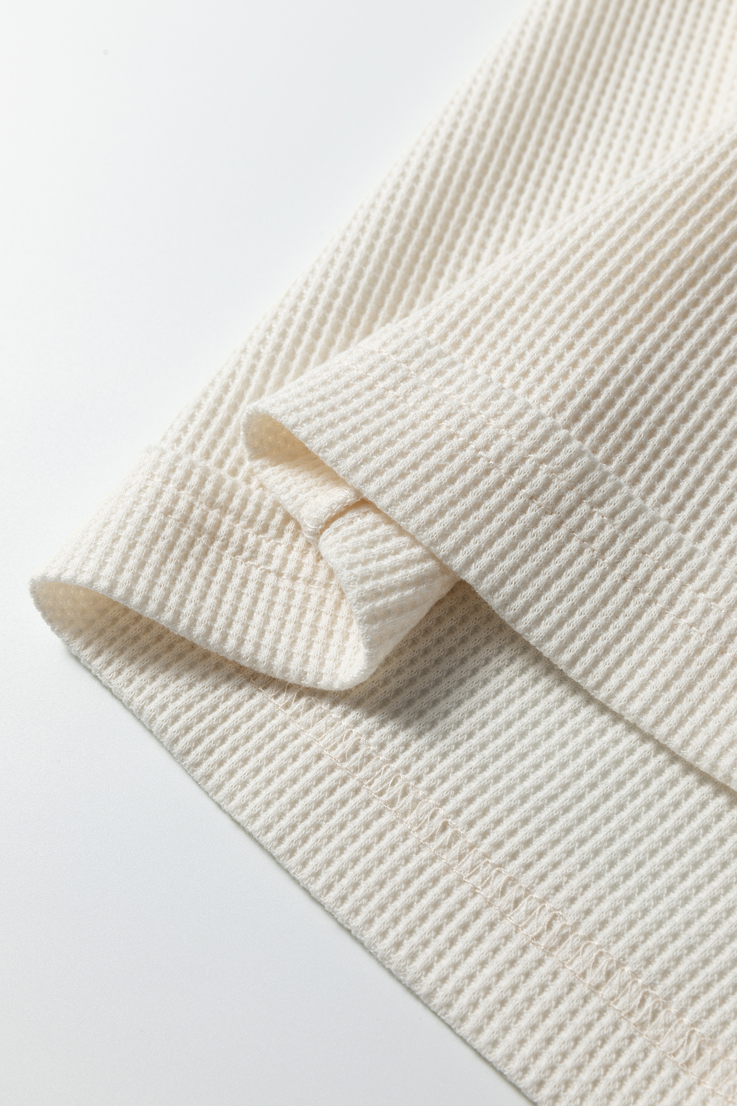 Beige Solid Color Waffle Knit Asymmetric Neck Long Sleeve Top view 12