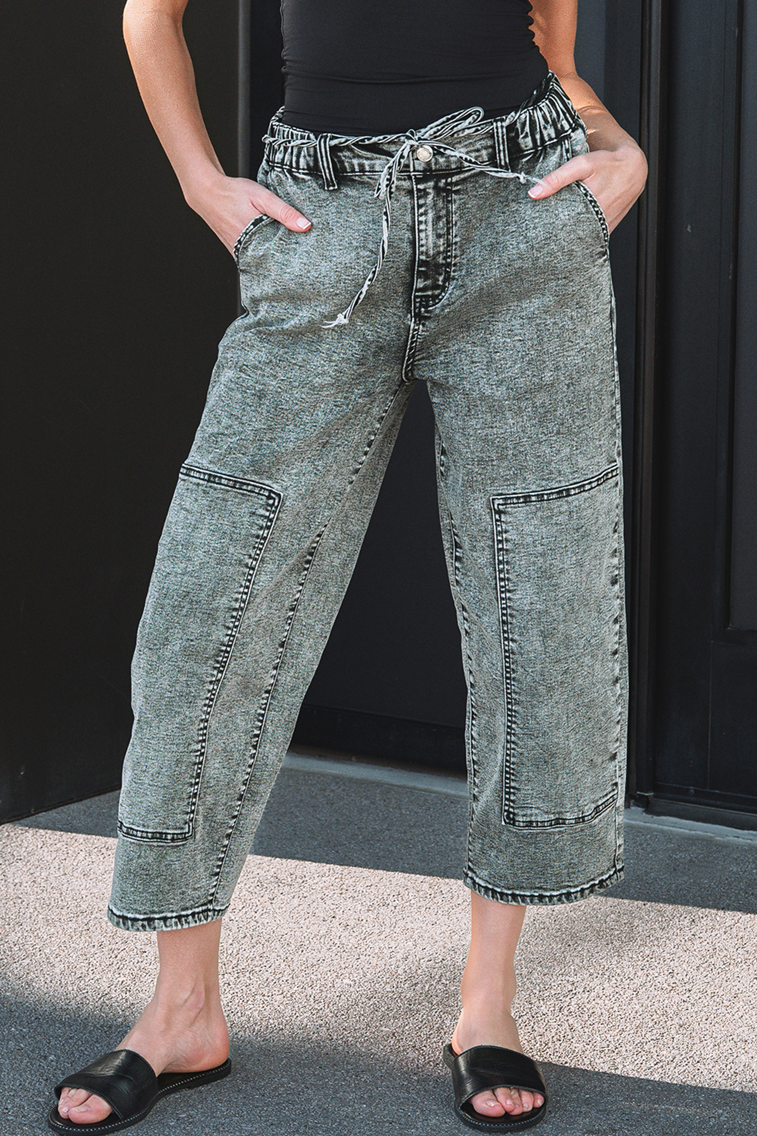 Gray Acid Wash Tie Waist Denim Pants view 4
