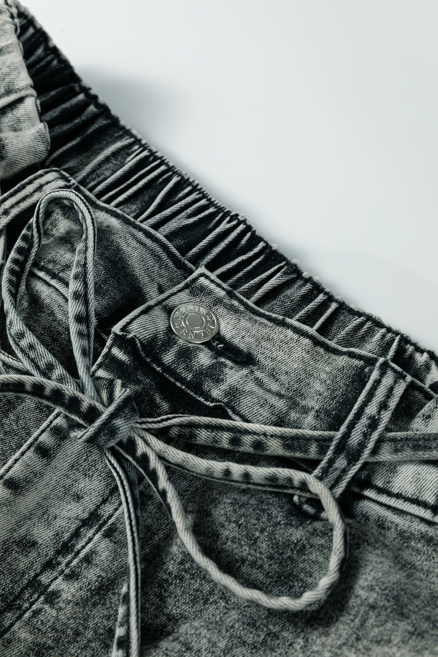 Gray Acid Wash Tie Waist Denim Pants view 9