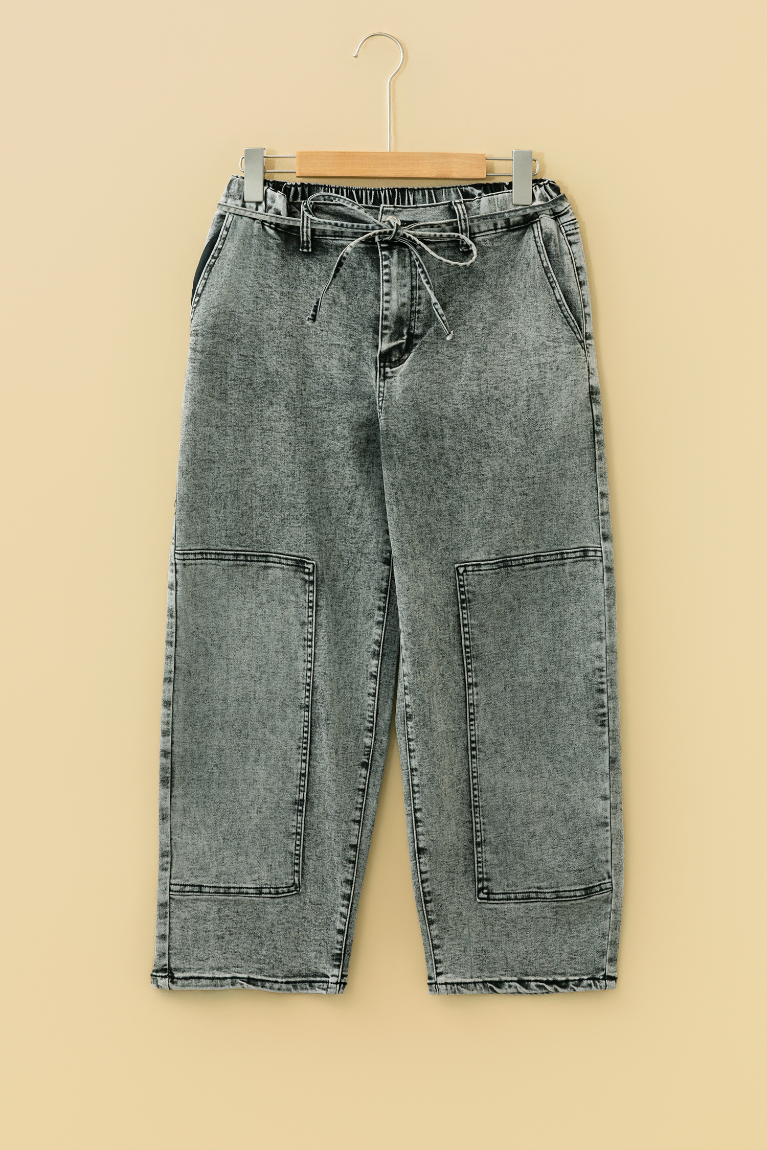 Gray Acid Wash Tie Waist Denim Pants view 7