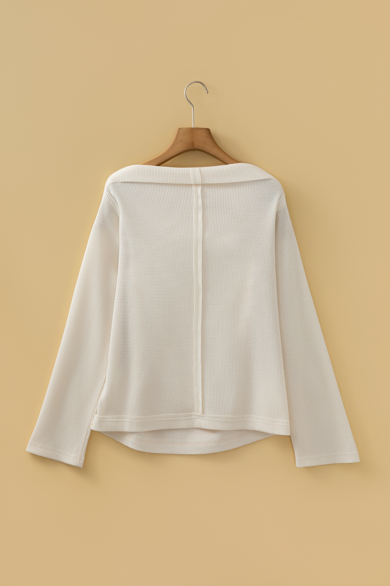 Beige Solid Color Waffle Knit Asymmetric Neck Long Sleeve Top view 7