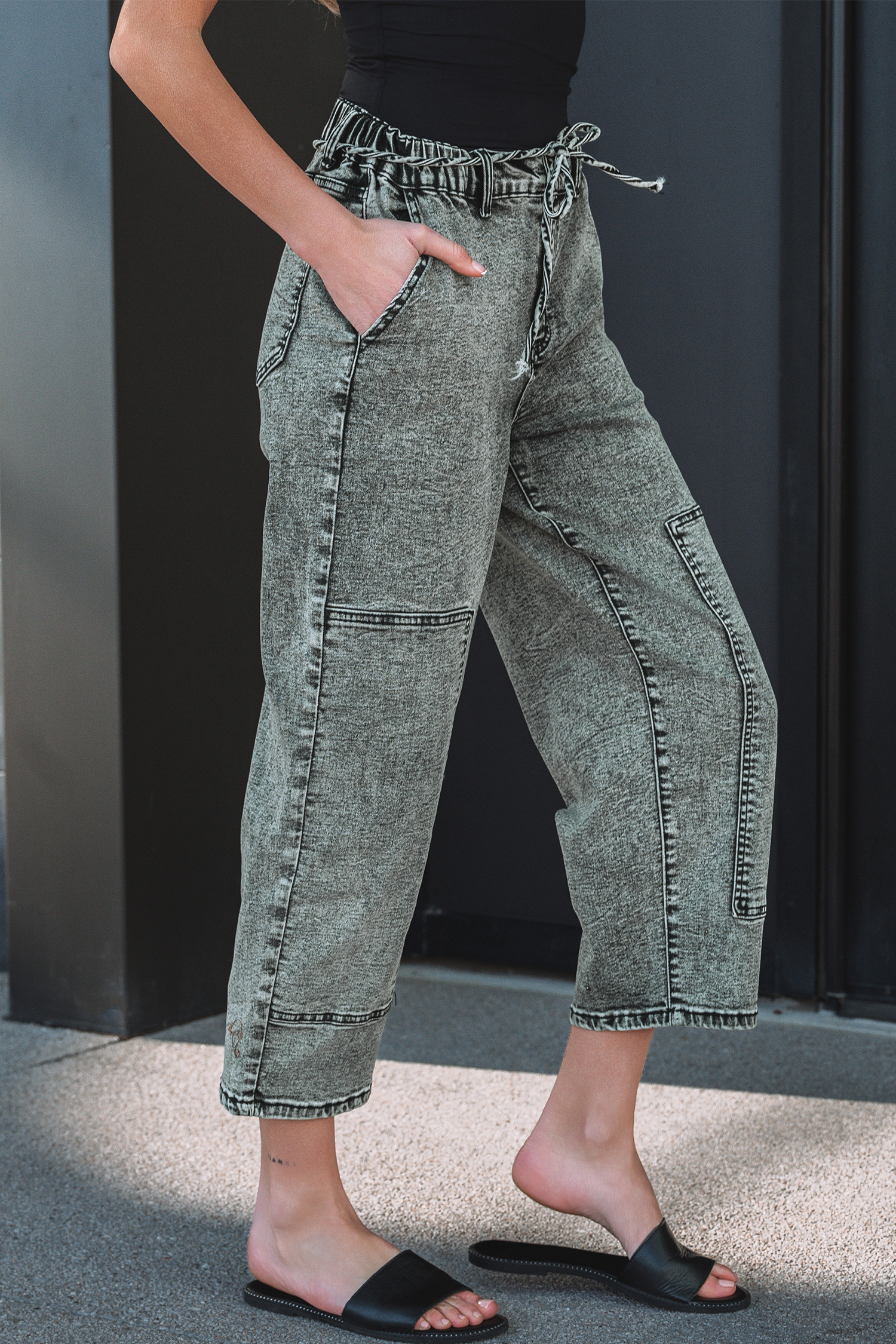 Gray Acid Wash Tie Waist Denim Pants view 3