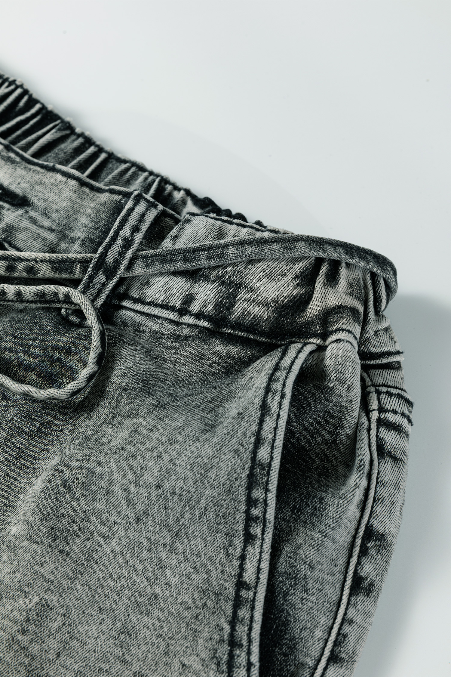Gray Acid Wash Tie Waist Denim Pants view 10