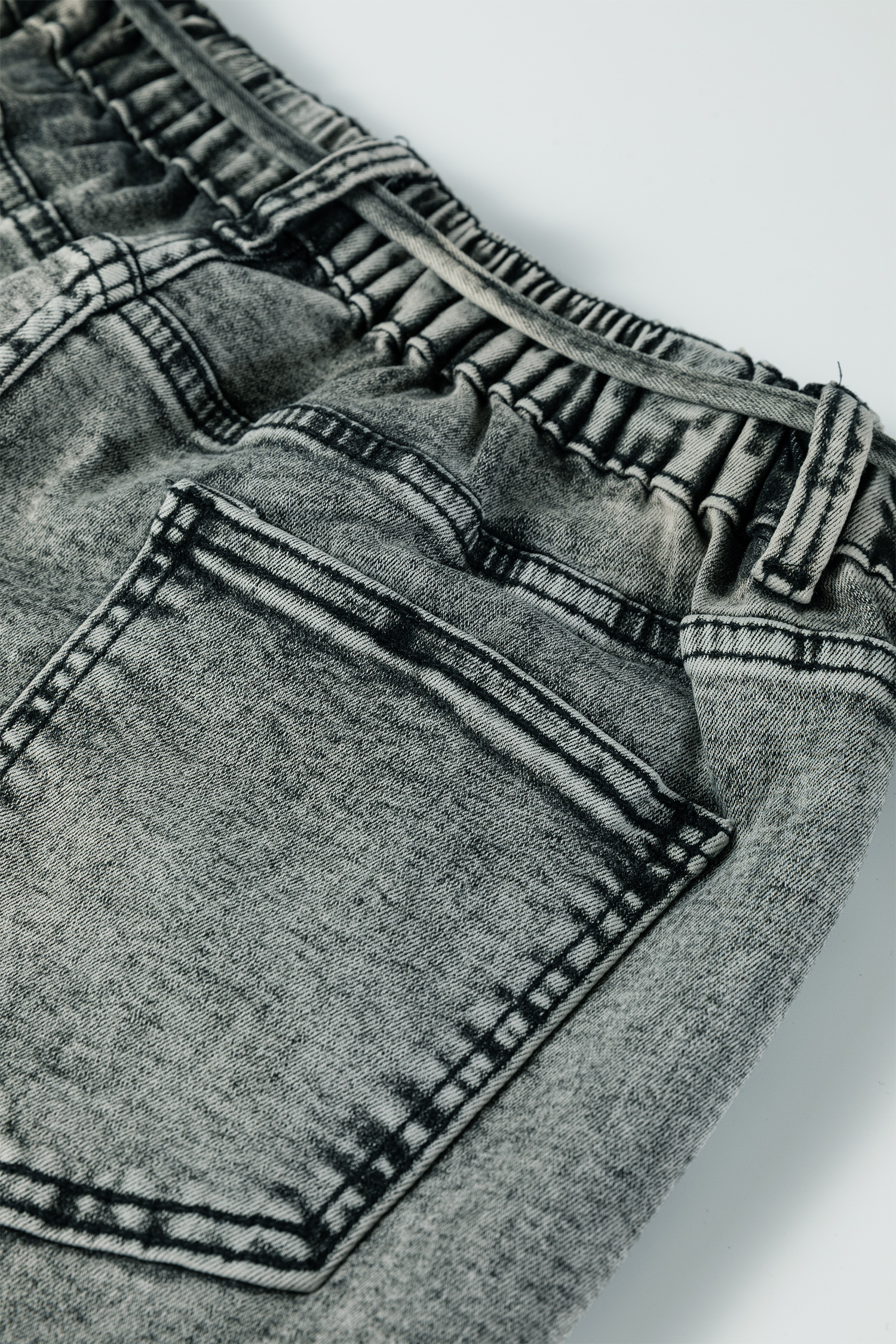 Gray Acid Wash Tie Waist Denim Pants view 12