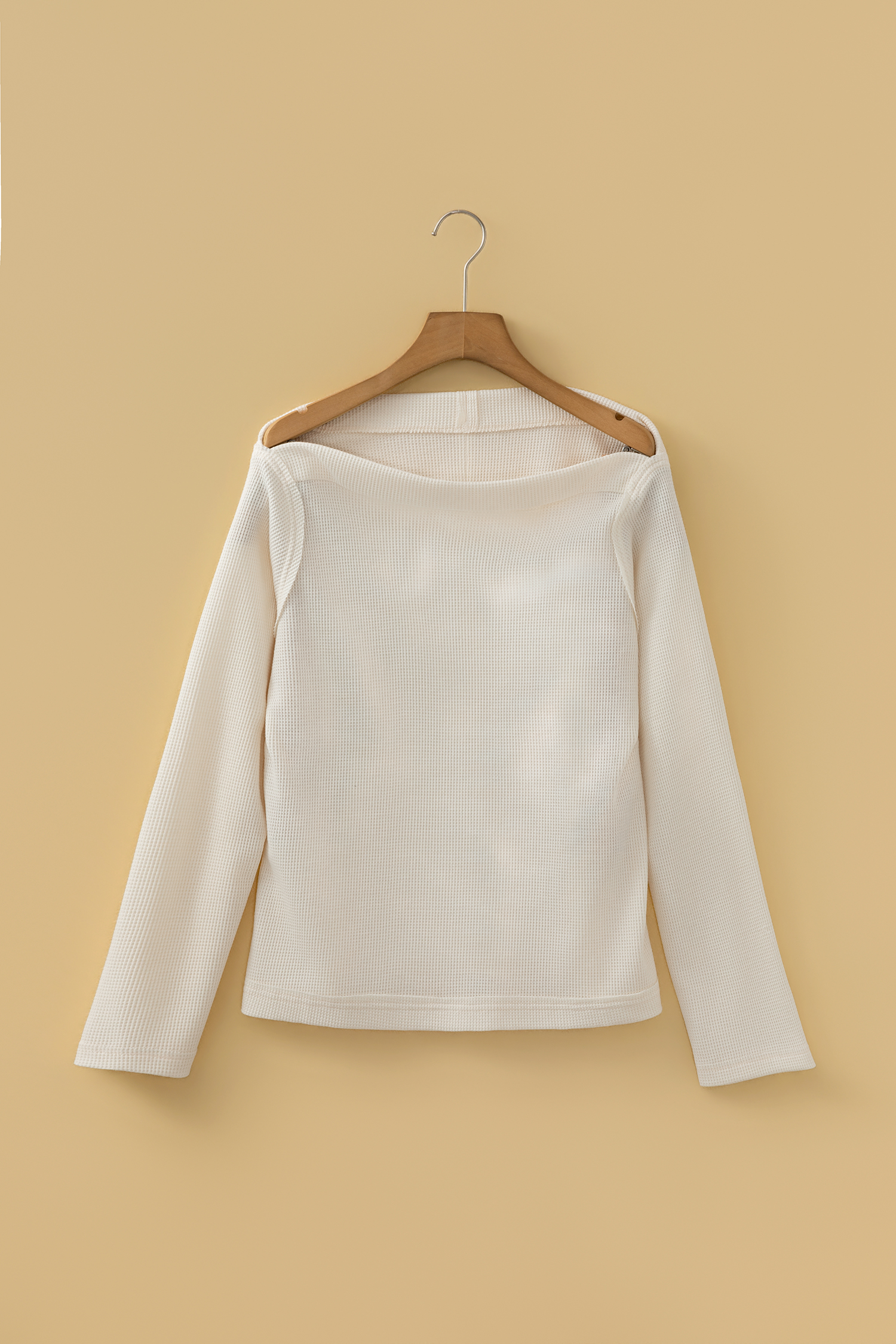 Beige Solid Color Waffle Knit Asymmetric Neck Long Sleeve Top view 6