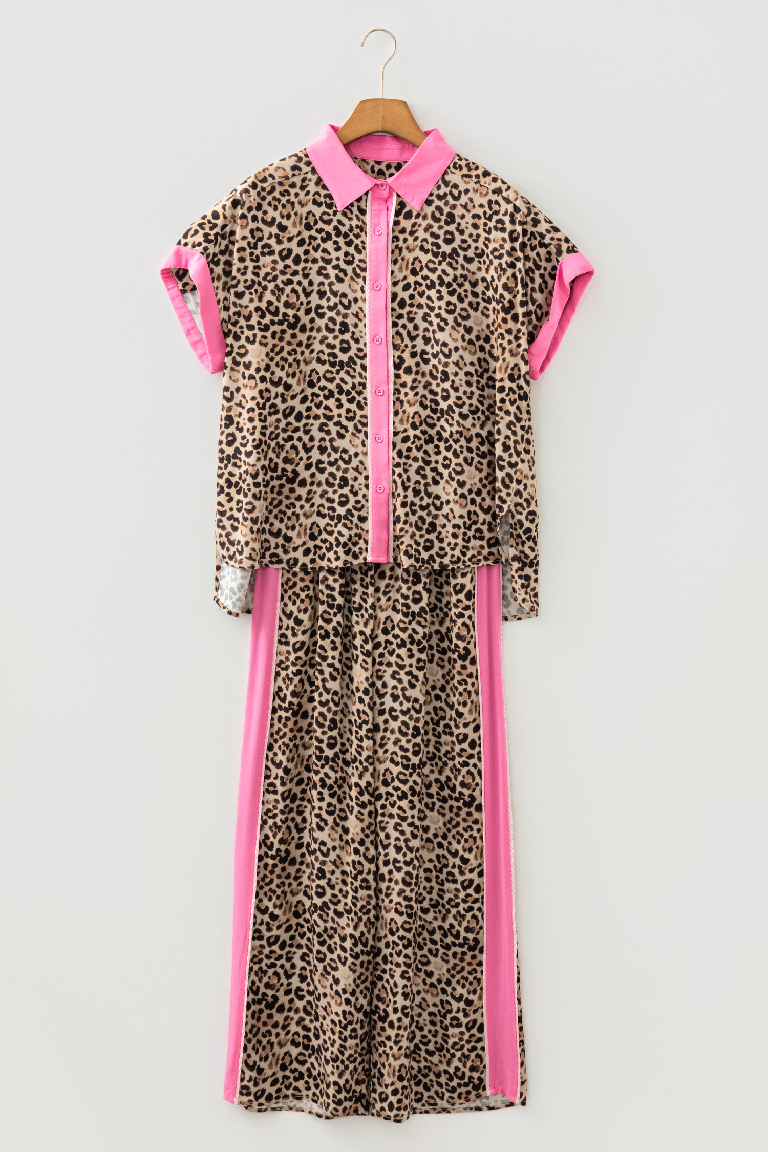 Brown Contrast Trim Leopard Top and Pant Set view 7