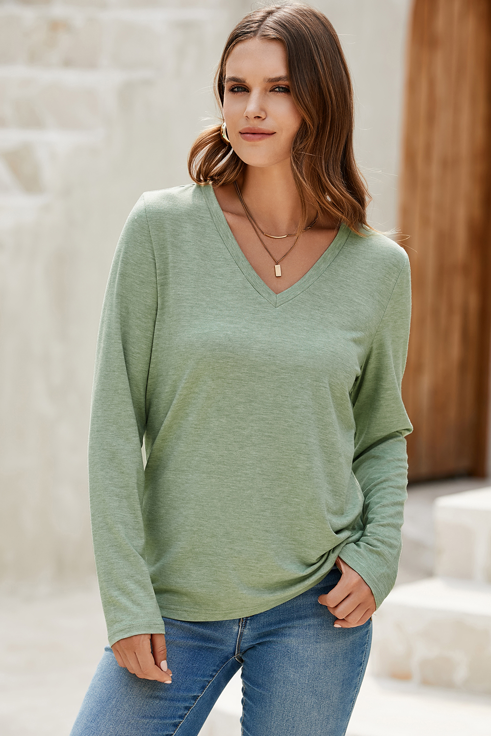 Grass Green Solid Color V Neck Long Sleeve Stretchy Top view 6