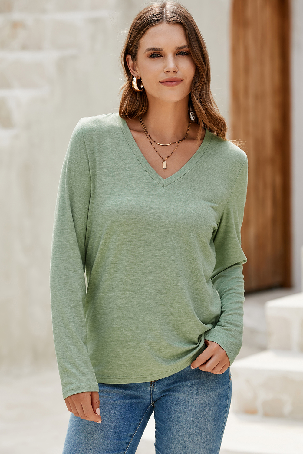 Grass Green Solid Color V Neck Long Sleeve Stretchy Top view 3