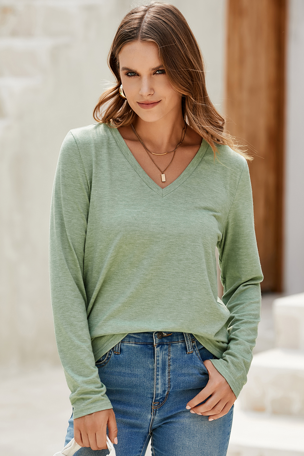 Grass Green Solid Color V Neck Long Sleeve Stretchy Top view 10