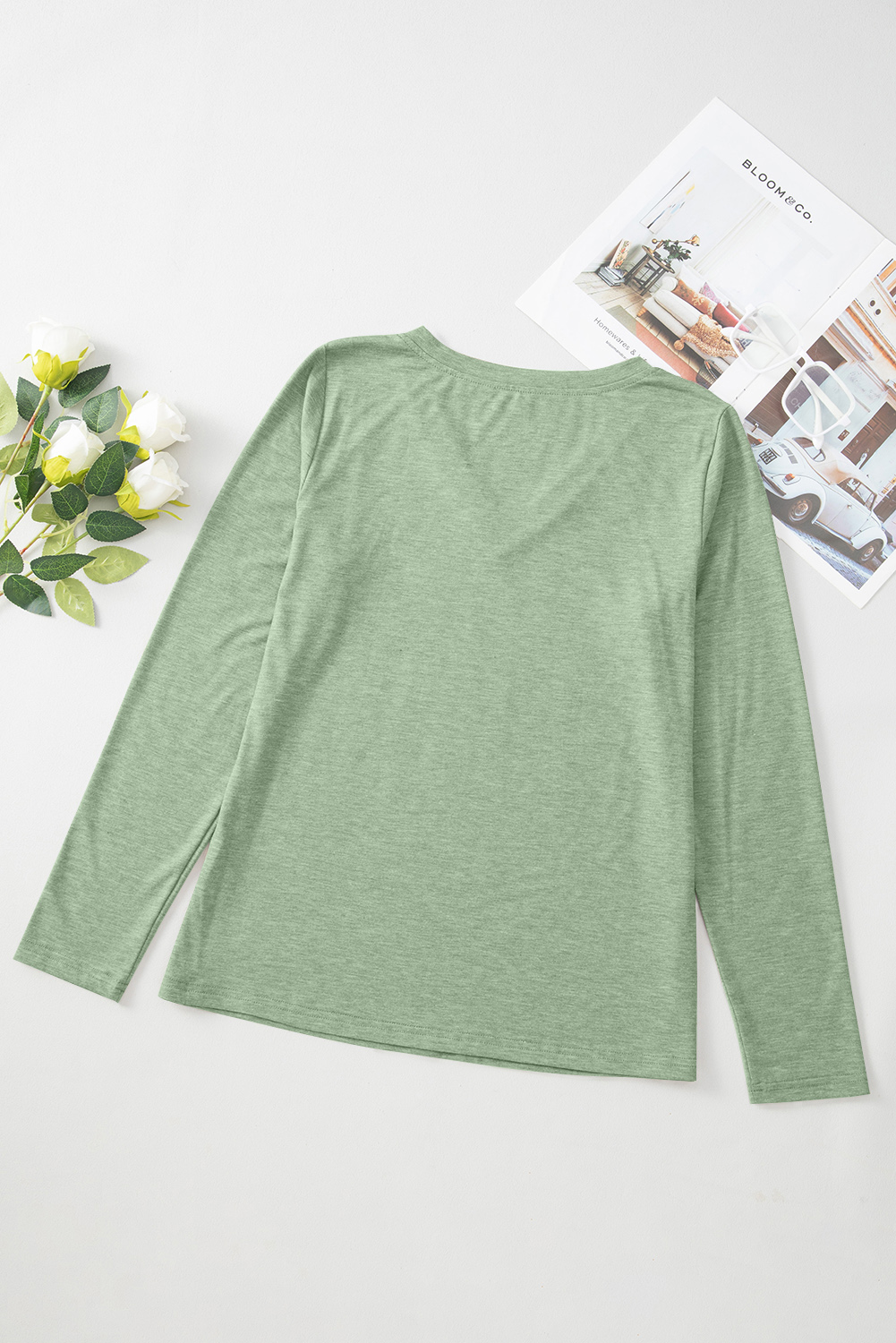Grass Green Solid Color V Neck Long Sleeve Stretchy Top view 15