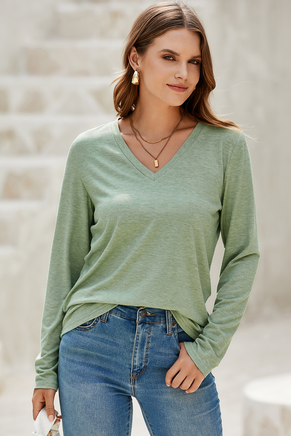 Grass Green Solid Color V Neck Long Sleeve Stretchy Top view 9