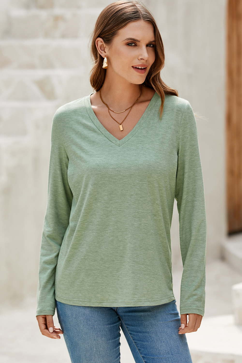 Grass Green Solid Color V Neck Long Sleeve Stretchy Top view 5