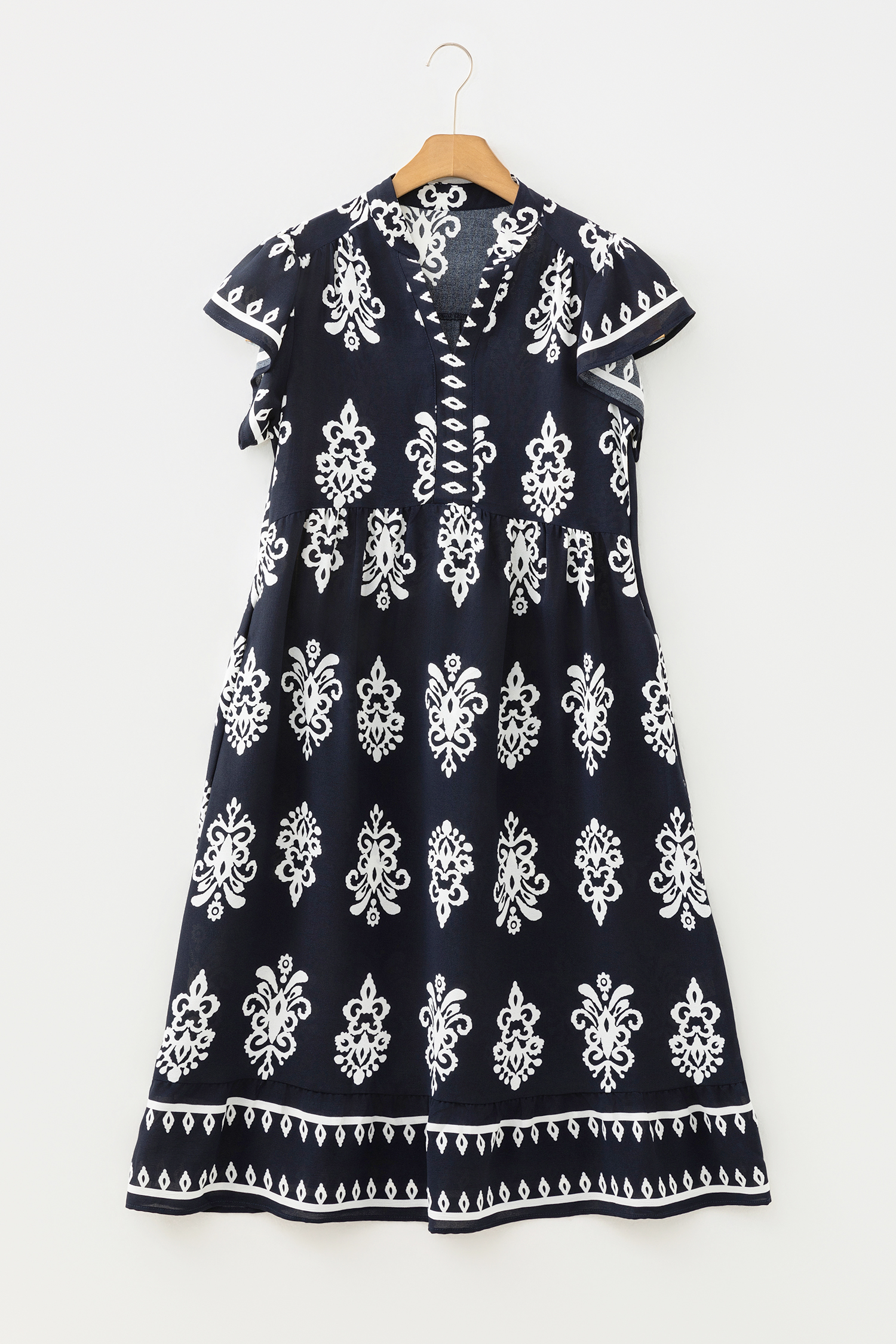 Blue Western Ethnic Print Notched Neck Short Sleeve Midi Dress view 13