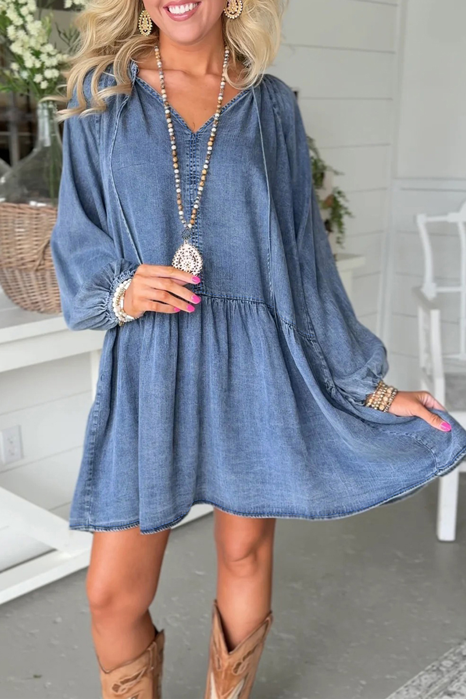 Myosotis Puff Sleeve V Neck Ruffled Loose Denim Mini Dress view 9