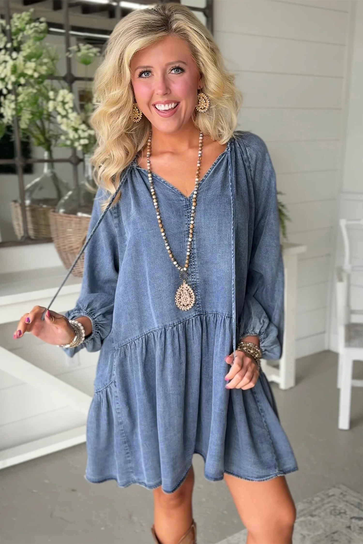 Myosotis Puff Sleeve V Neck Ruffled Loose Denim Mini Dress view 13
