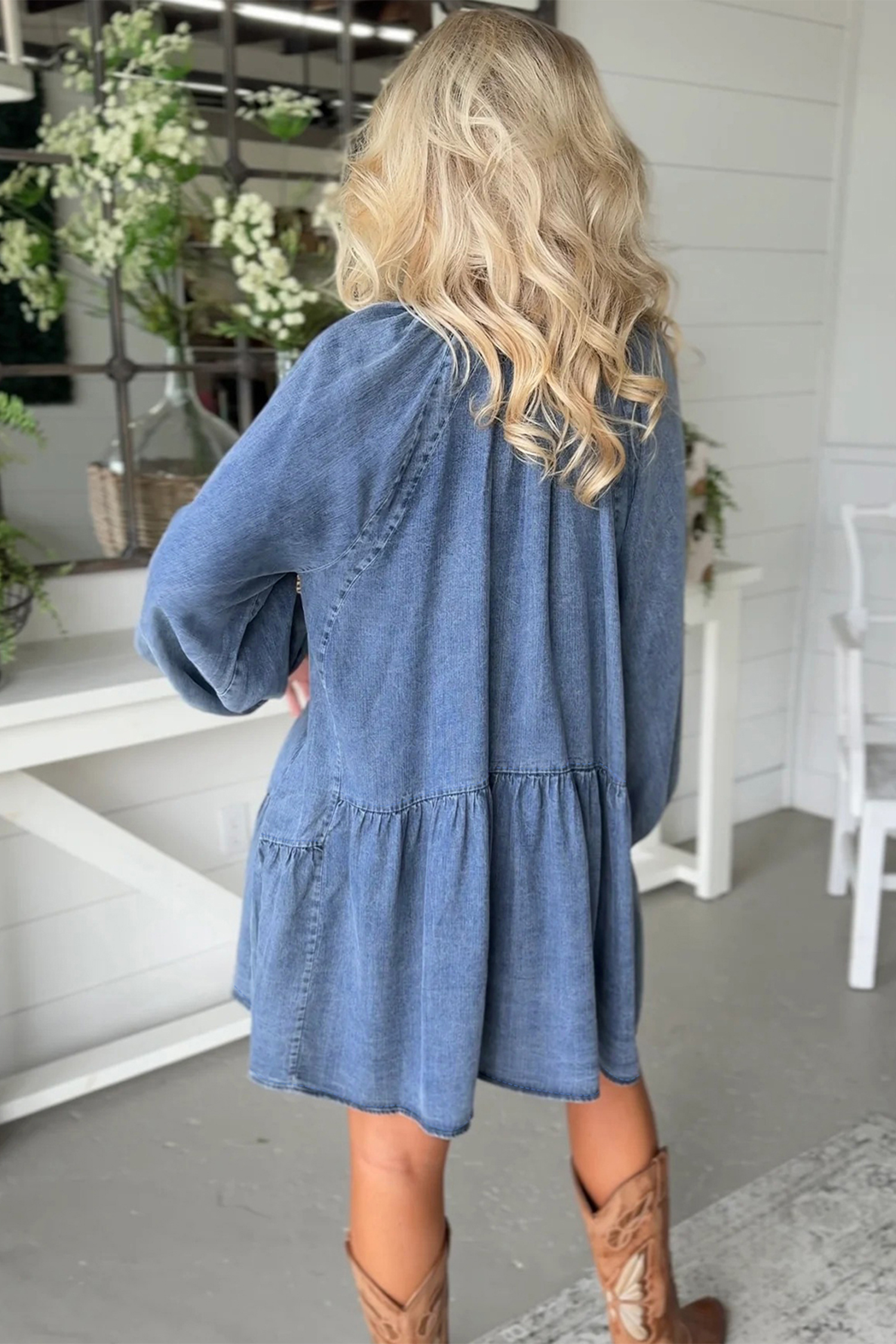 Myosotis Puff Sleeve V Neck Ruffled Loose Denim Mini Dress view 10